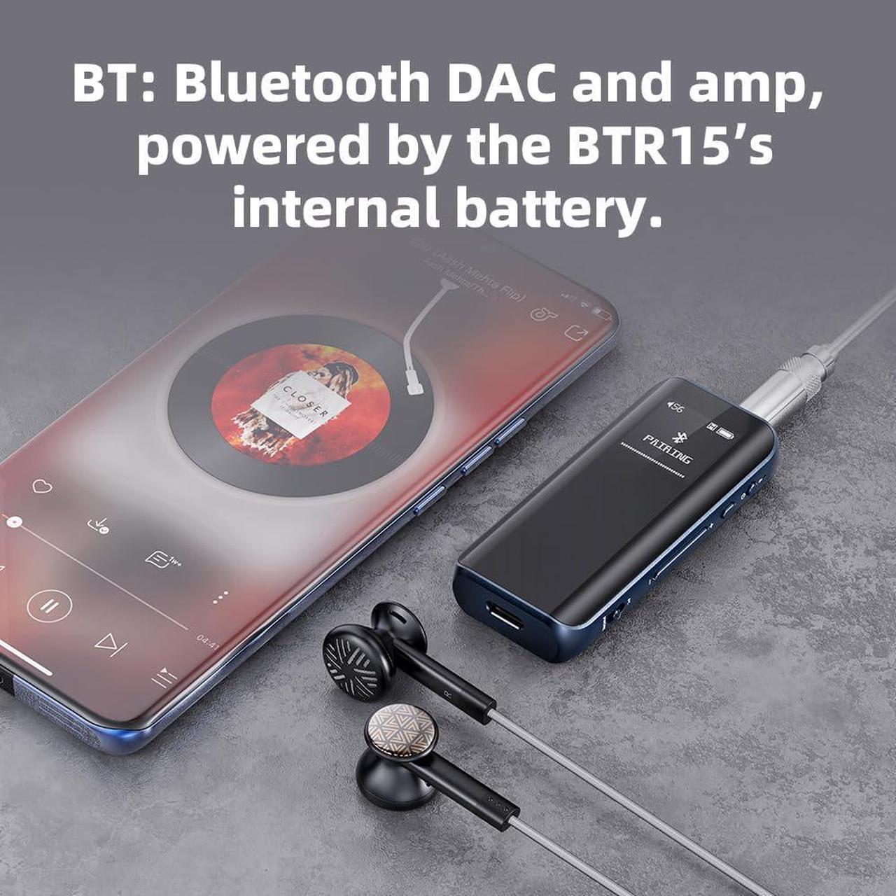 Alt view image 3 of 7 - BTR15 Headphone Amps Bluetooth 5.1 Receiver High Resolution 384K/32Bit Native DSD256 USB DAC Supports LDAC/aptX HD/MQA for Smartphones/PC/Car/Home Audio (Titanium)