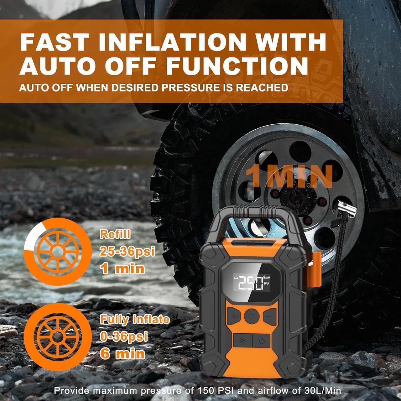 Alt view image 2 of 7 - Tire Inflator Portable Air Compressor,150 PSI Heavy Duty Cordless Air Pump for Car Tires, 4X Faster Inflation Battery Operated Car Tire Pump for Big Cars, Motorcycles, Bikes