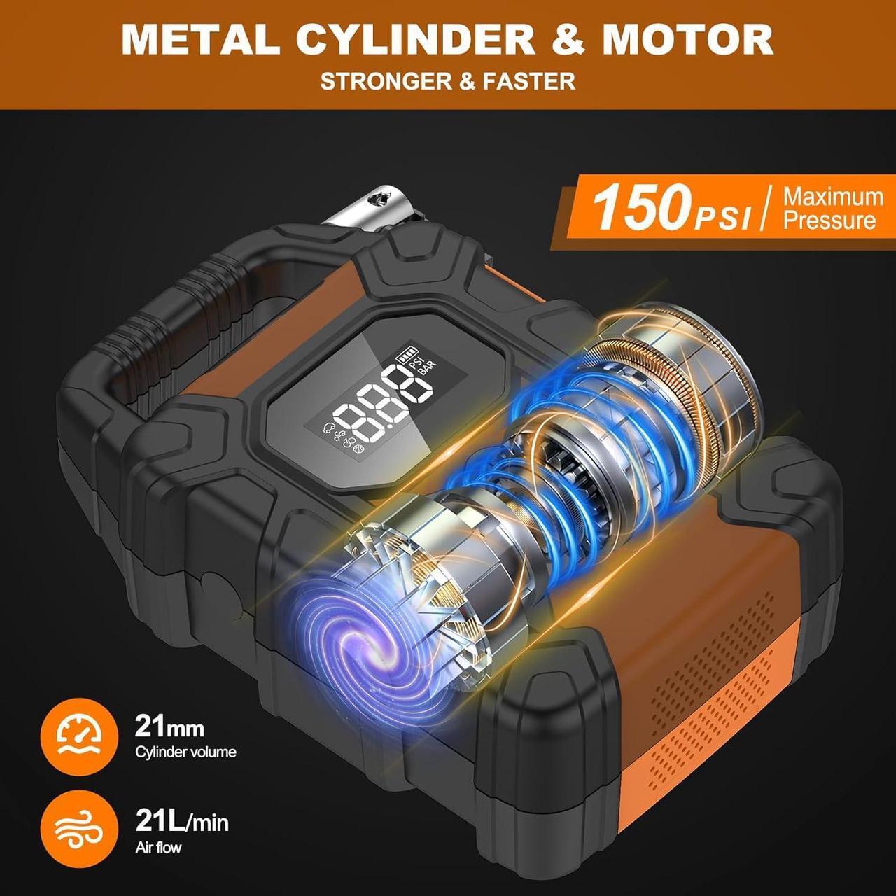 Alt view image 4 of 7 - Tire Inflator Portable Air Compressor,150 PSI Heavy Duty Cordless Air Pump for Car Tires, 4X Faster Inflation Battery Operated Car Tire Pump for Big Cars, Motorcycles, Bikes