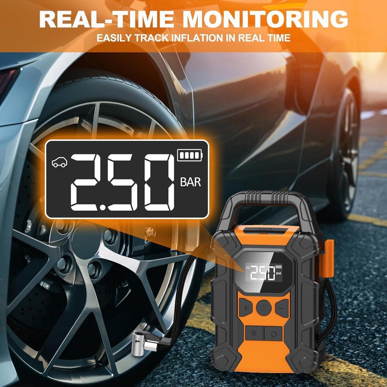 Alt view image 5 of 7 - Tire Inflator Portable Air Compressor,150 PSI Heavy Duty Cordless Air Pump for Car Tires, 4X Faster Inflation Battery Operated Car Tire Pump for Big Cars, Motorcycles, Bikes