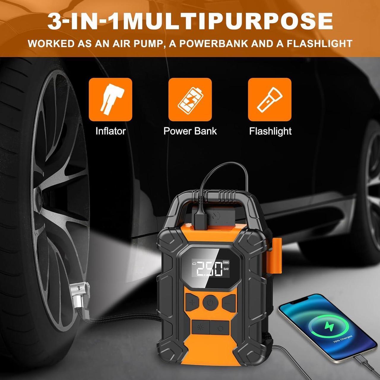 Alt view image 6 of 7 - Tire Inflator Portable Air Compressor,150 PSI Heavy Duty Cordless Air Pump for Car Tires, 4X Faster Inflation Battery Operated Car Tire Pump for Big Cars, Motorcycles, Bikes
