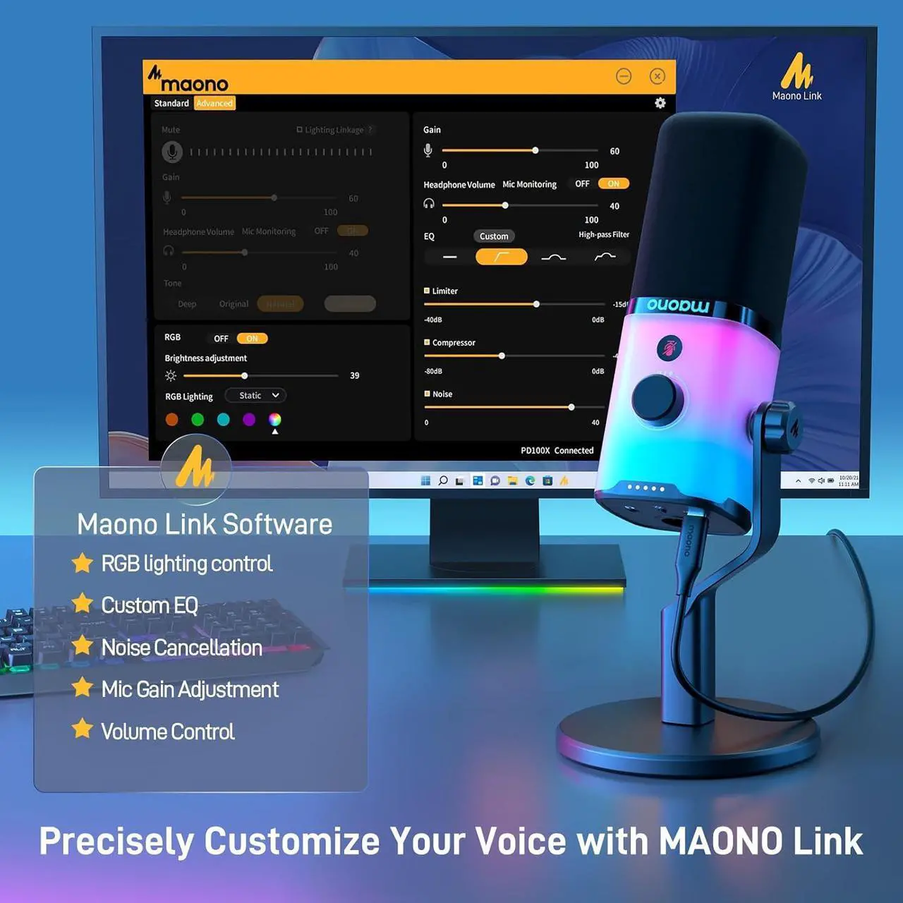 Alt view image 5 of 7 - MAONO XLR/USB Gaming Microphone with Software, Dynamic PC Microphone with RGB for Streaming Podcast Vocal Recording, Computer Mic with Noise Cancellation, Mute Button, Gain Knob, Desktop Stand PD100X