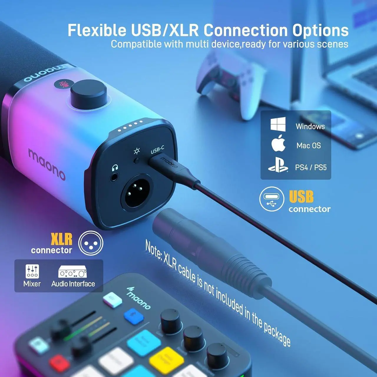 Alt view image 7 of 7 - MAONO XLR/USB Gaming Microphone with Software, Dynamic PC Microphone with RGB for Streaming Podcast Vocal Recording, Computer Mic with Noise Cancellation, Mute Button, Gain Knob, Desktop Stand PD100X