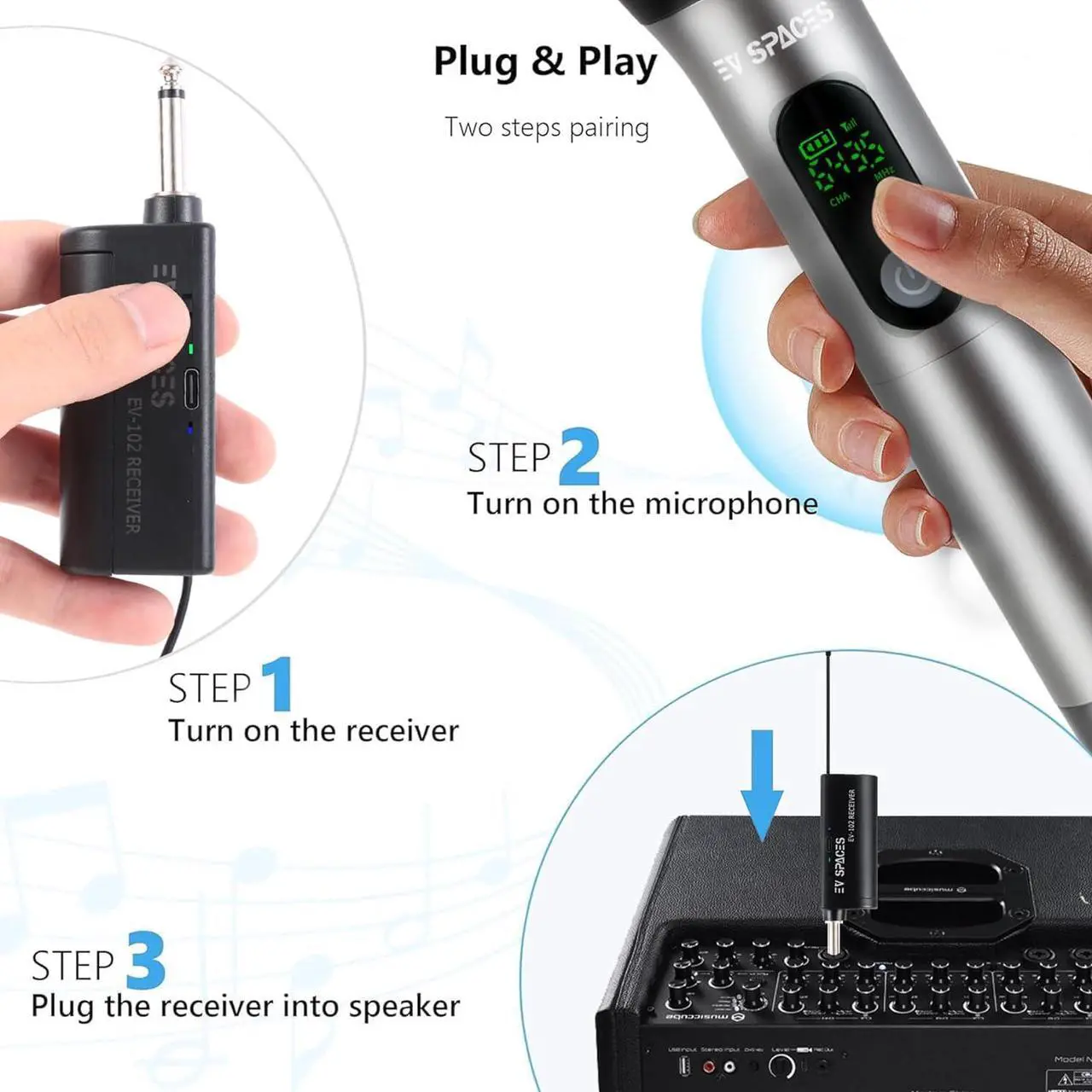 Alt view image 5 of 7 - Rechargeable Wireless Microphone PA System - Professional Dual UHF Metal Handheld Mics for Karaoke, Weddings, Parties, Speeches - Long Range (200ft), Cordless Dynamic Mic Kit, Plug and Play