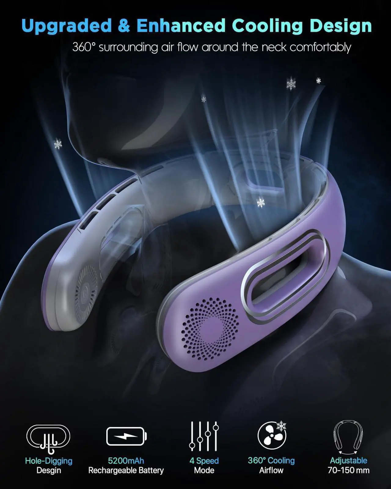 Alt view image 2 of 7 - Neck Fan, Hands Free Bladeless Neck Fans Portable Rechargeable, 360° Cooling Neck Fan, 4 Speeds, Quiet, 5200 mAh Battery Operated USB Wearable Personal Fan Gifts for Women, Travel, Outdoor