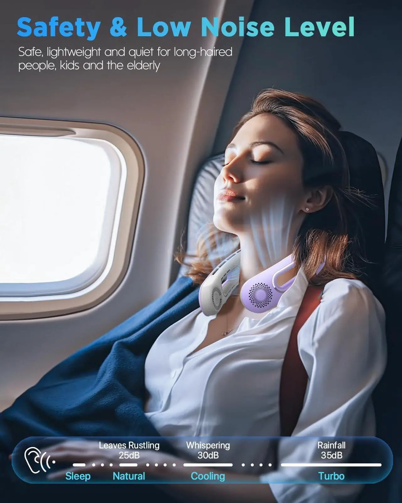 Alt view image 7 of 7 - Neck Fan, Hands Free Bladeless Neck Fans Portable Rechargeable, 360° Cooling Neck Fan, 4 Speeds, Quiet, 5200 mAh Battery Operated USB Wearable Personal Fan Gifts for Women, Travel, Outdoor