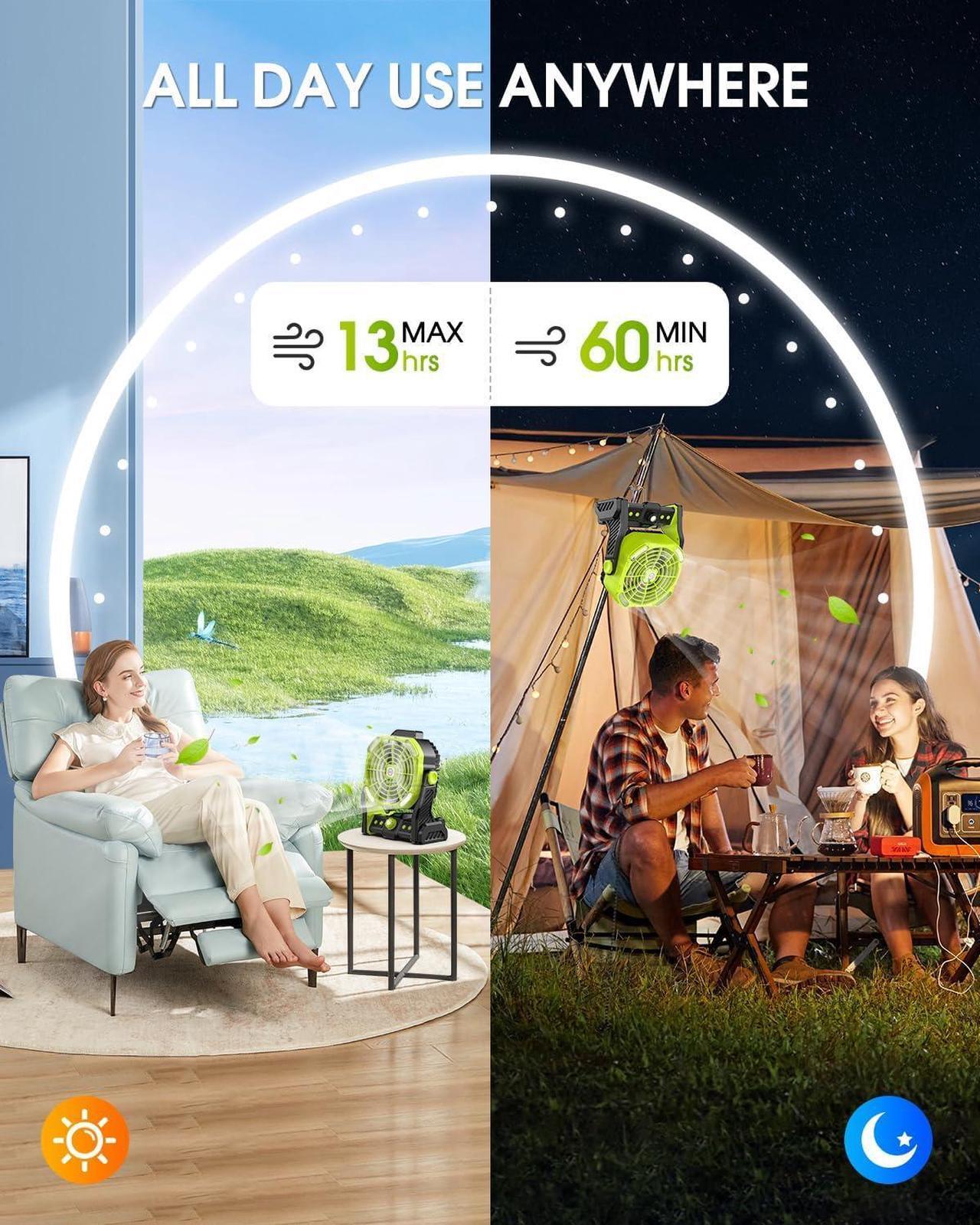 Alt view image 2 of 7 - 20000mAh Battery Operated Portable Fan - Rechargeable Outdoor Camping Fan with LED Lantern, Personal Cooling Fan for Bedroom with Cold Air, Table Fan for Travel, Hiking, Fishing, Picnic
