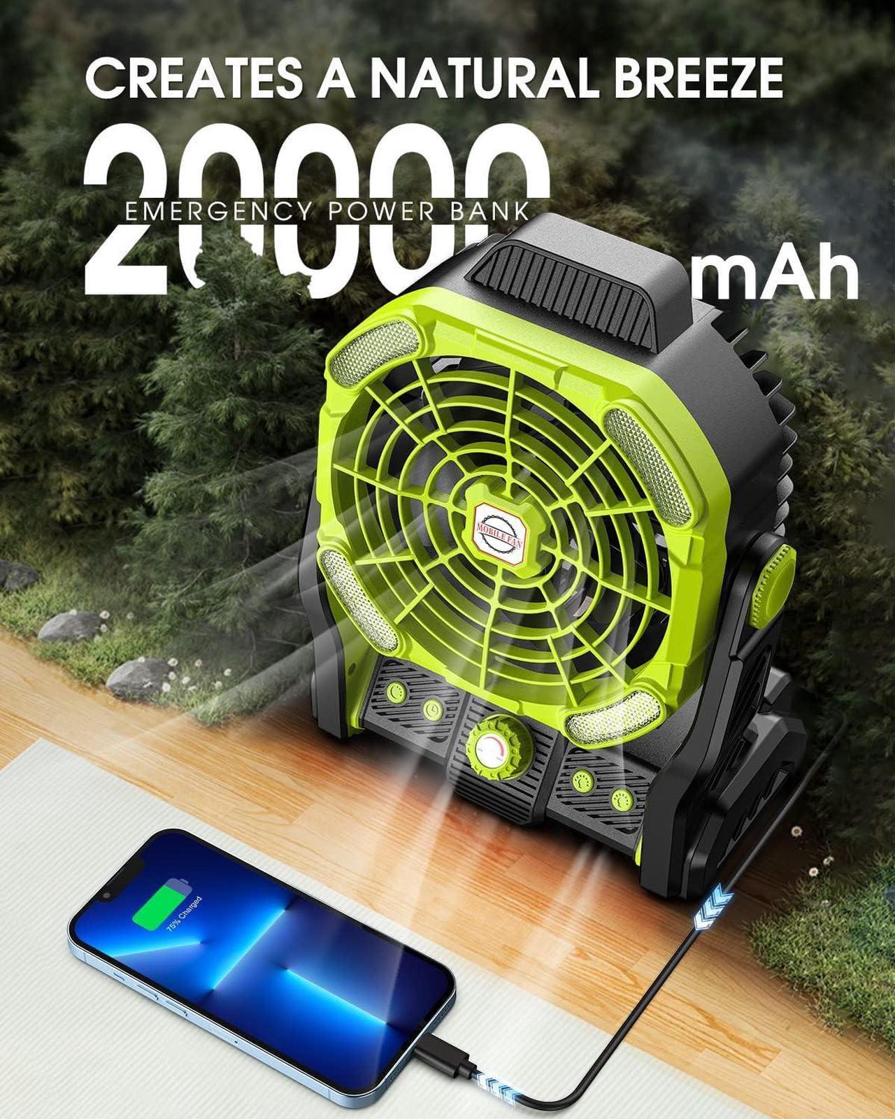 Alt view image 3 of 7 - 20000mAh Battery Operated Portable Fan - Rechargeable Outdoor Camping Fan with LED Lantern, Personal Cooling Fan for Bedroom with Cold Air, Table Fan for Travel, Hiking, Fishing, Picnic