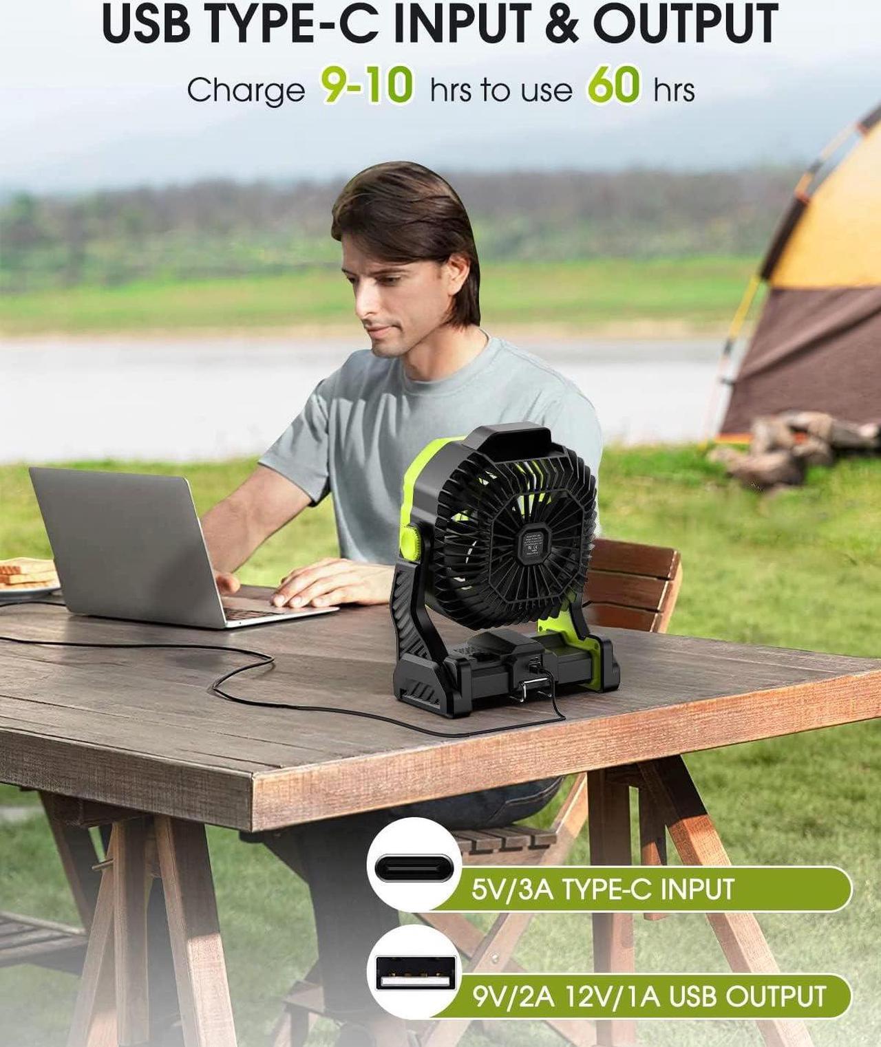 Alt view image 6 of 7 - 20000mAh Battery Operated Portable Fan - Rechargeable Outdoor Camping Fan with LED Lantern, Personal Cooling Fan for Bedroom with Cold Air, Table Fan for Travel, Hiking, Fishing, Picnic