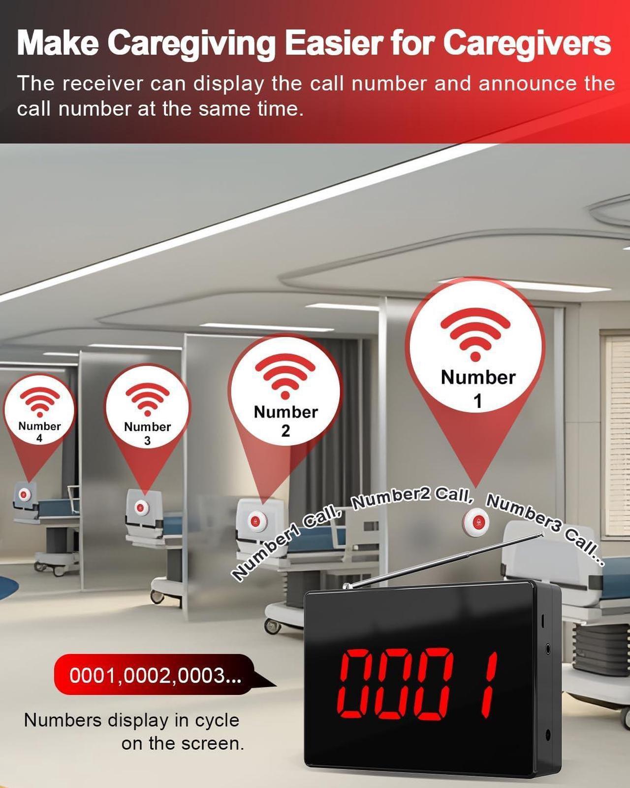 Alt view image 5 of 7 - Wireless Calling System Caregiver Call Button Patient Call Bell with 10 Waterproof Nurse Alert Call Buttons and 1 Display Receiver for Clinic Nurses Station Restaurant Nursing Home