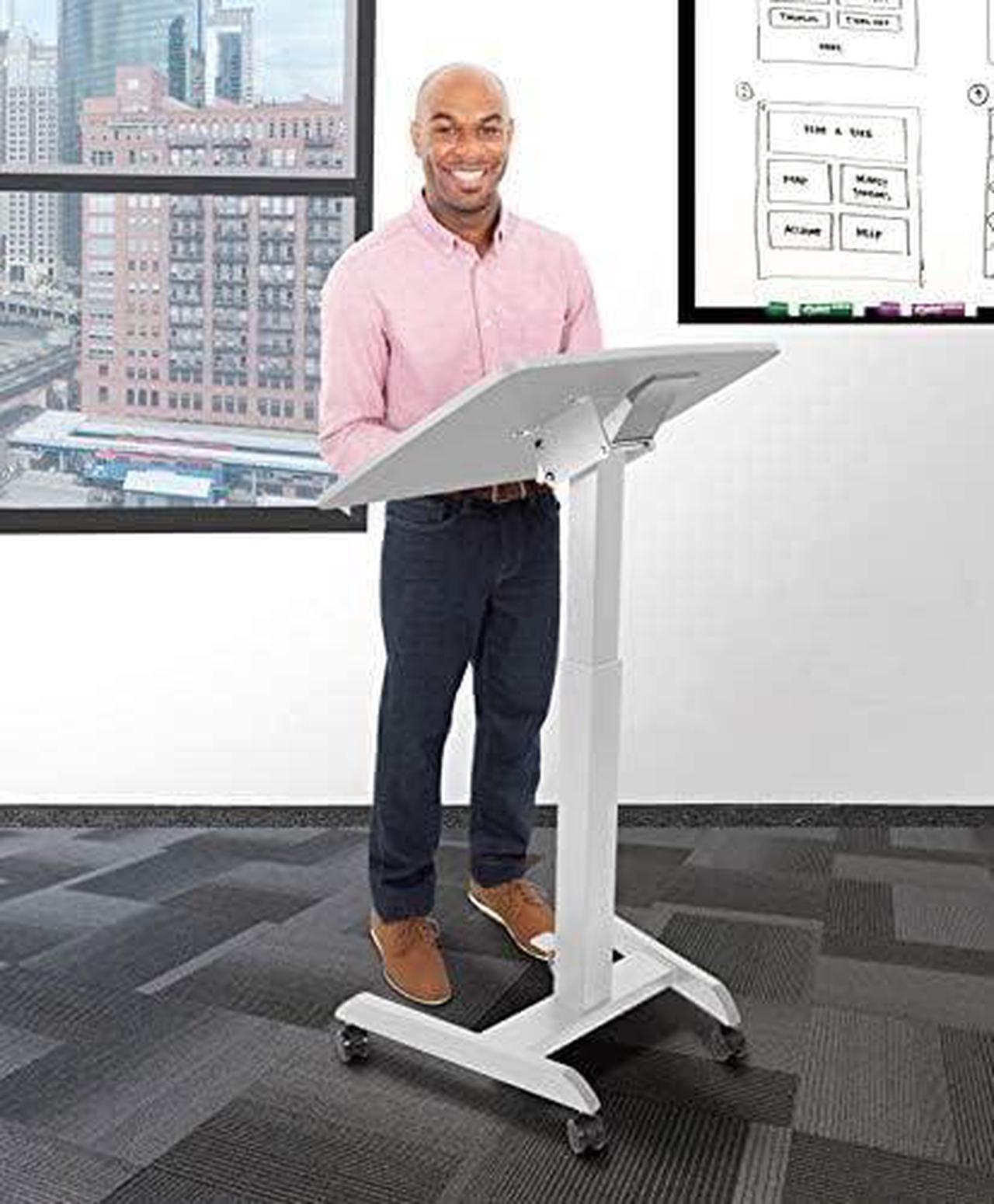 Alt view image 2 of 7 - Multifunctional Mobile Podium Desk | Portable Sit to Stand Lectern with Pneumatic Height Adjustment & Tilting Desktop | Rolling Laptop Stand | Mobile Desk for School, Home, Office (Black)