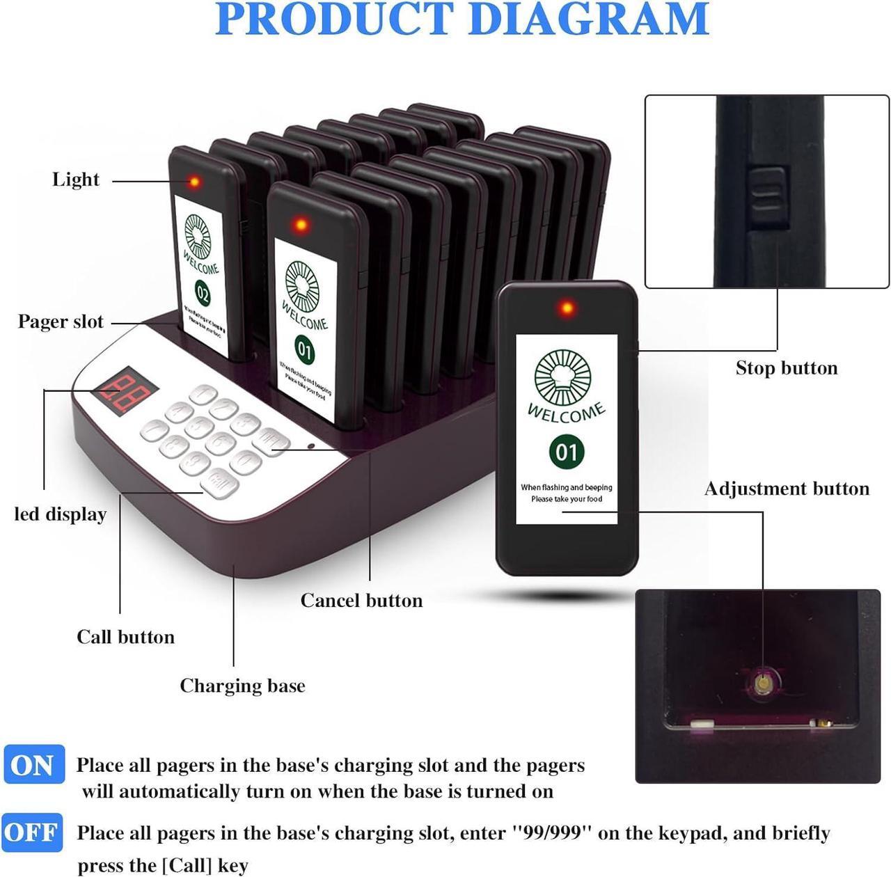 Alt view image 2 of 7 - Restaurant Pager System,Social Distancing Keeping 16 Pagers Buzzers,Wireless Guest Customer Service Calling System,Long Range Pagers for Restaurants,Waiting Paging System for Food Truck,