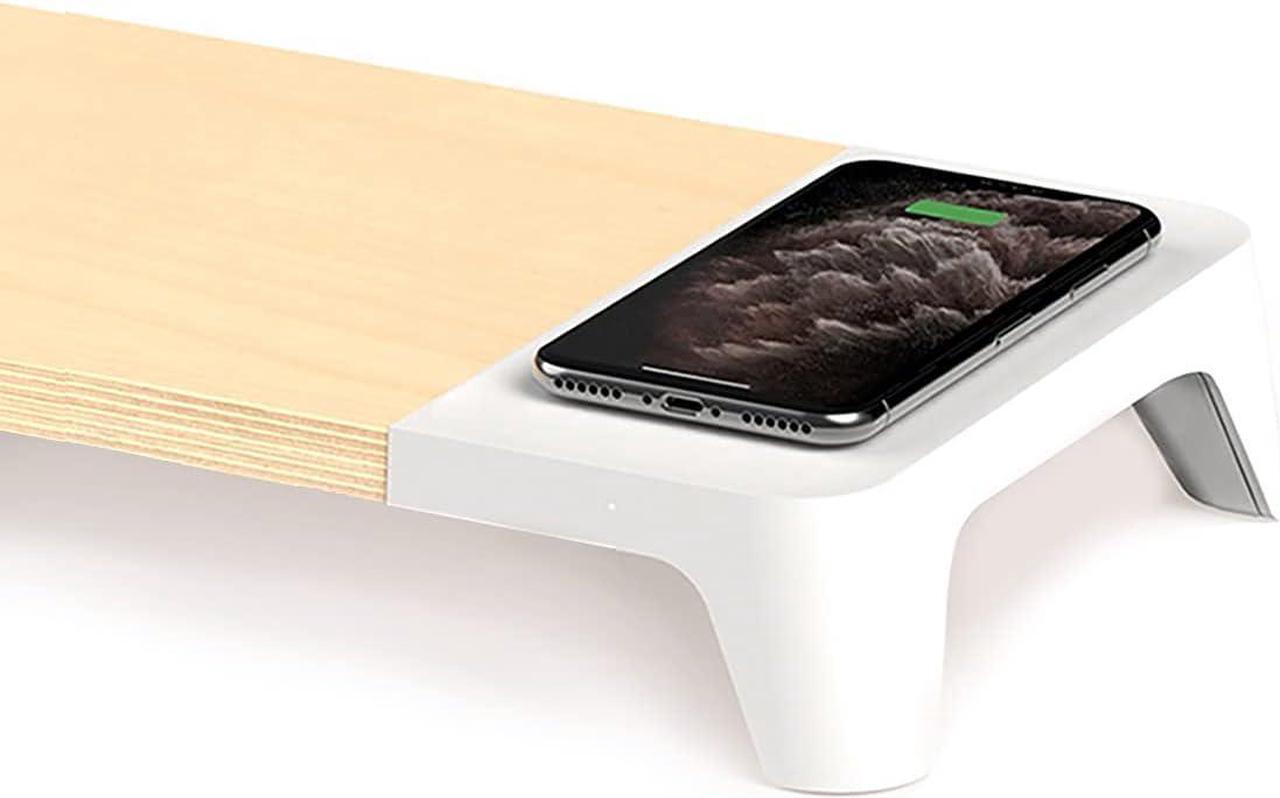 Main image of E6 White Wood Desk Monitor Computer Stand Riser Shelf + Qi Fast Wireless Charging Charger Pad Mat for Laptop, , iMac, PC, iPhone,  Galaxy, Airpod 2, Buds