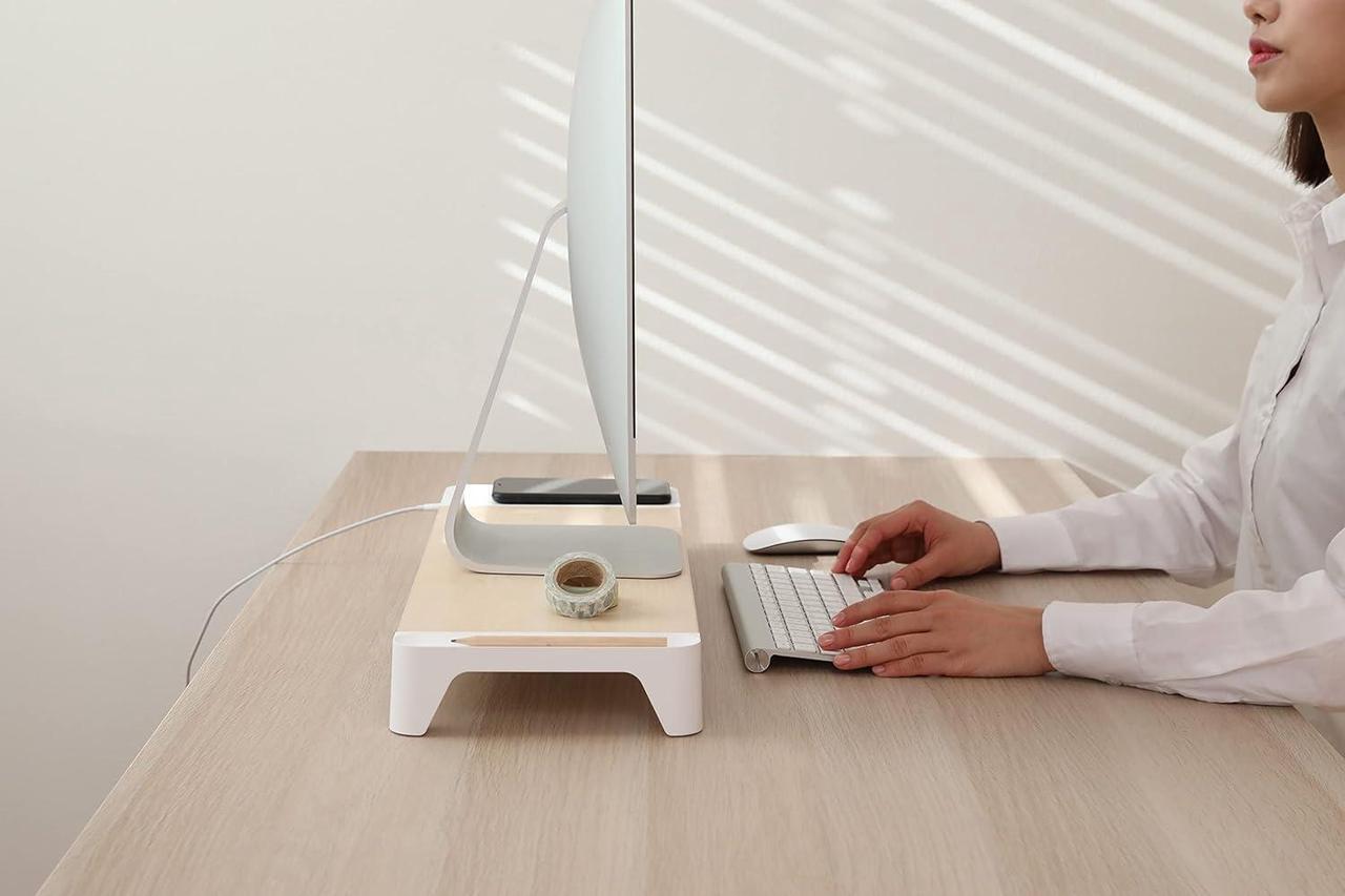 Alt view image 2 of 6 - E6 White Wood Desk Monitor Computer Stand Riser Shelf + Qi Fast Wireless Charging Charger Pad Mat for Laptop, , iMac, PC, iPhone,  Galaxy, Airpod 2, Buds