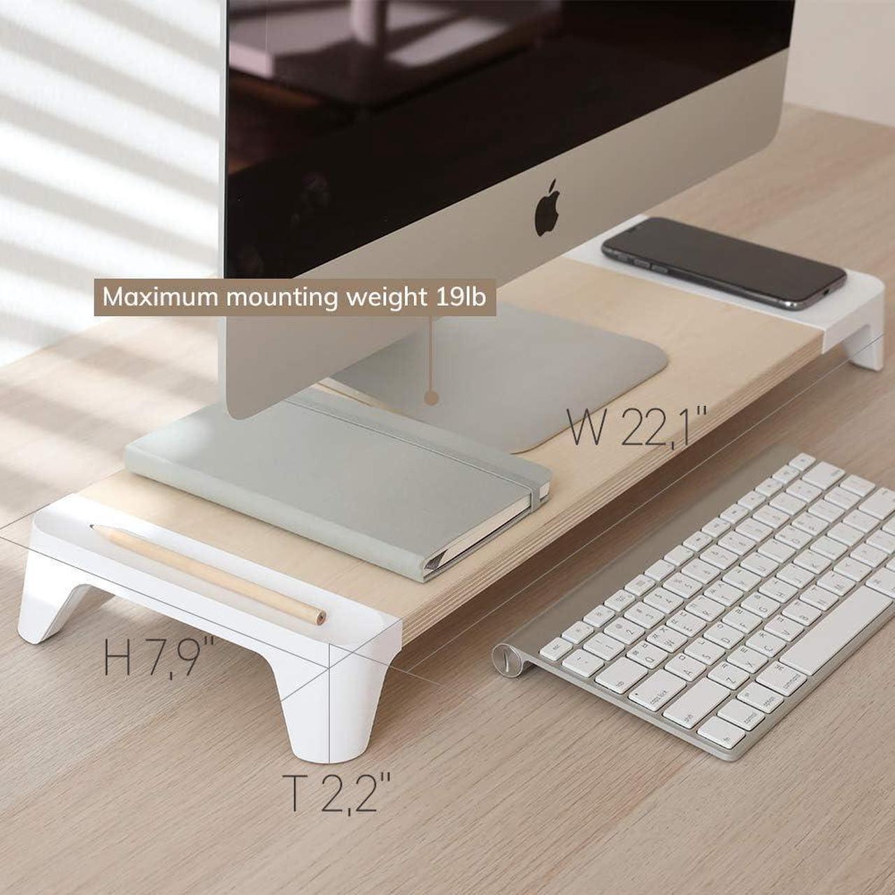 Alt view image 5 of 6 - E6 White Wood Desk Monitor Computer Stand Riser Shelf + Qi Fast Wireless Charging Charger Pad Mat for Laptop, , iMac, PC, iPhone,  Galaxy, Airpod 2, Buds