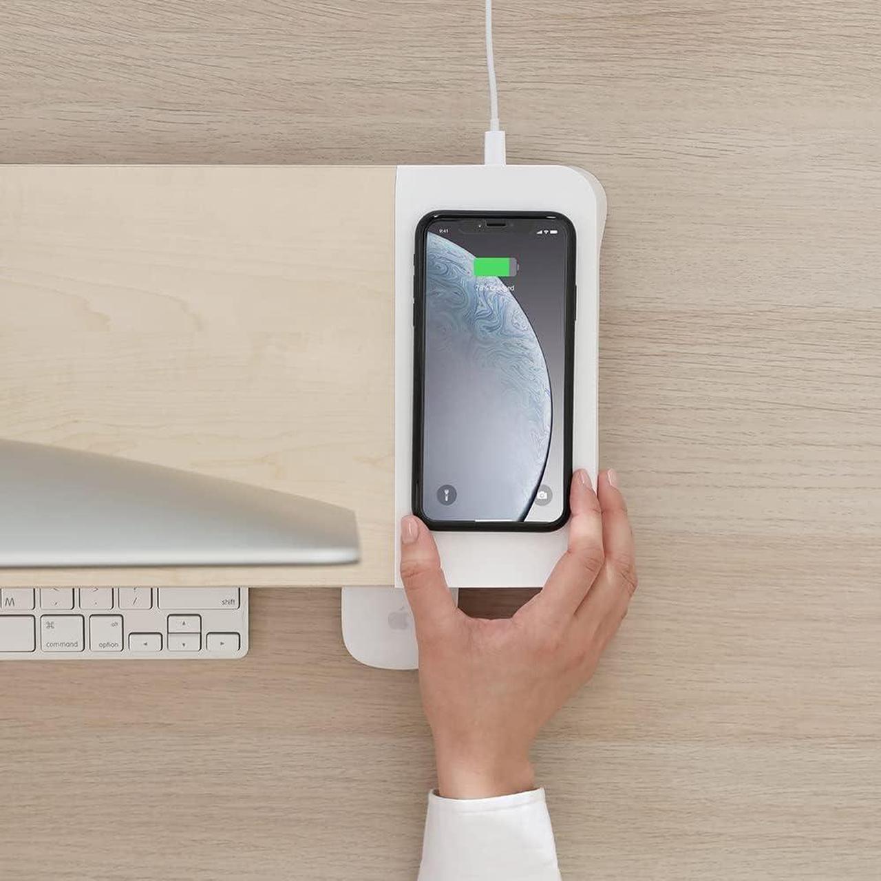 Alt view image 3 of 6 - E6 White Wood Desk Monitor Computer Stand Riser Shelf + Qi Fast Wireless Charging Charger Pad Mat for Laptop, , iMac, PC, iPhone,  Galaxy, Airpod 2, Buds