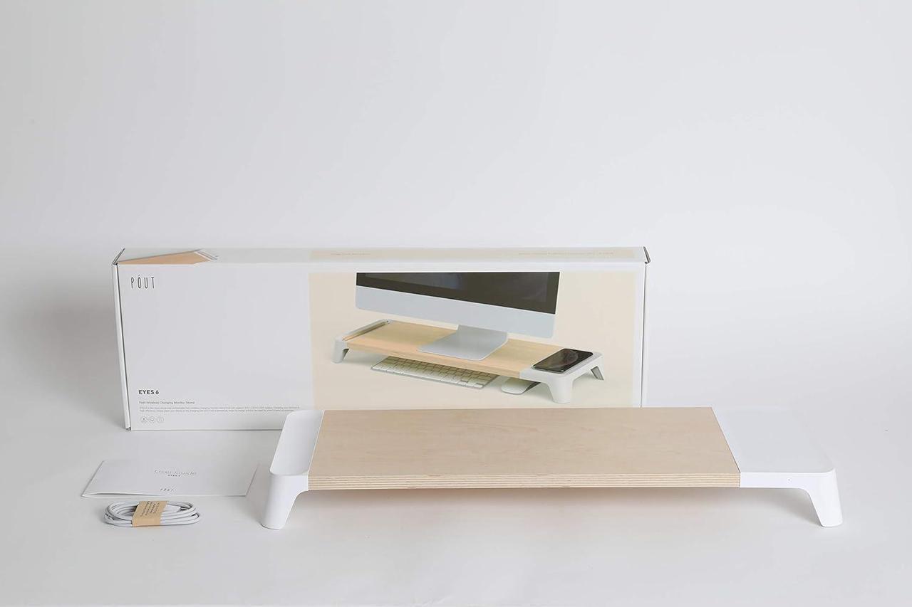 Alt view image 6 of 6 - E6 White Wood Desk Monitor Computer Stand Riser Shelf + Qi Fast Wireless Charging Charger Pad Mat for Laptop, , iMac, PC, iPhone,  Galaxy, Airpod 2, Buds