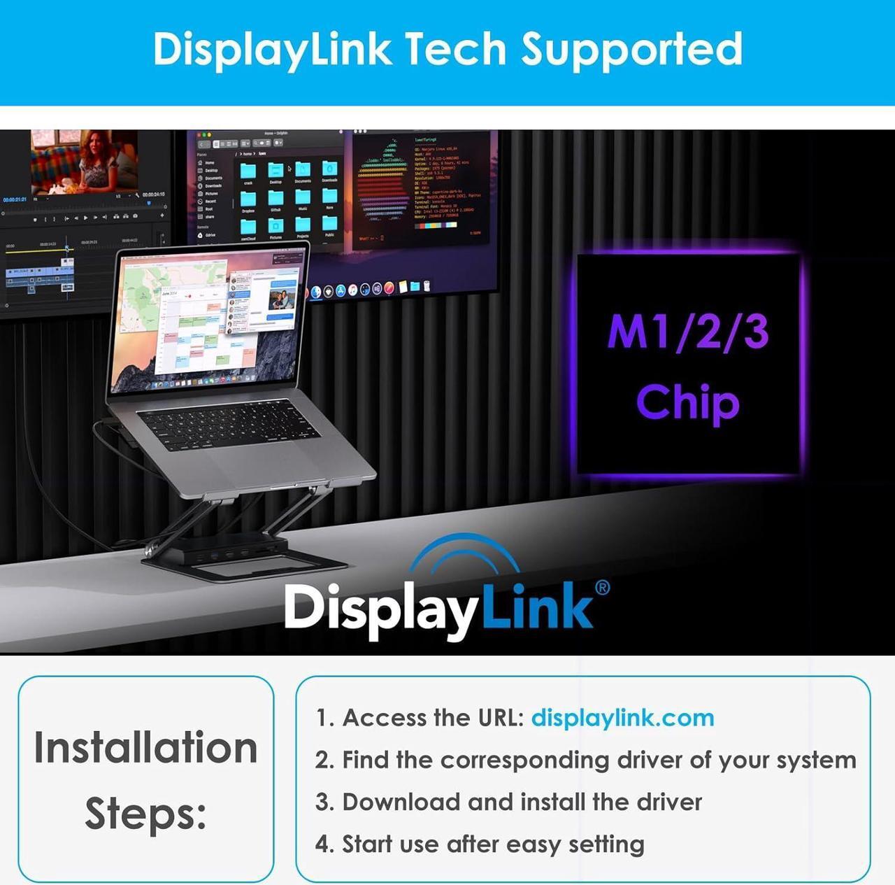 Alt view image 7 of 7 - DisplayLink Docking Station,WAVLINK USB-C/A Laptop Dock with Ergonomic Design,5K DP1/2+HDMI1/2,100W PD in,2*USB 2.0,1Gbps RJ45,SD/TF Slots,4-Pole Jack,for M1/M2/M3 Mac/h P/Dell//Acer