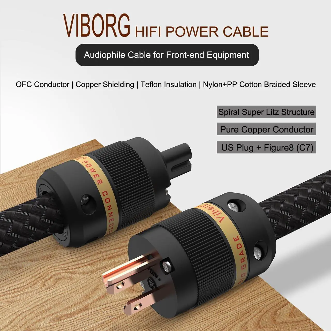 Alt view image 5 of 7 - Viborg C7 Hi-End Power Cable, Figure 8 Audio Power Cord, US AC Mains Cord with Copper Shielding (4.9FT/1.5M)