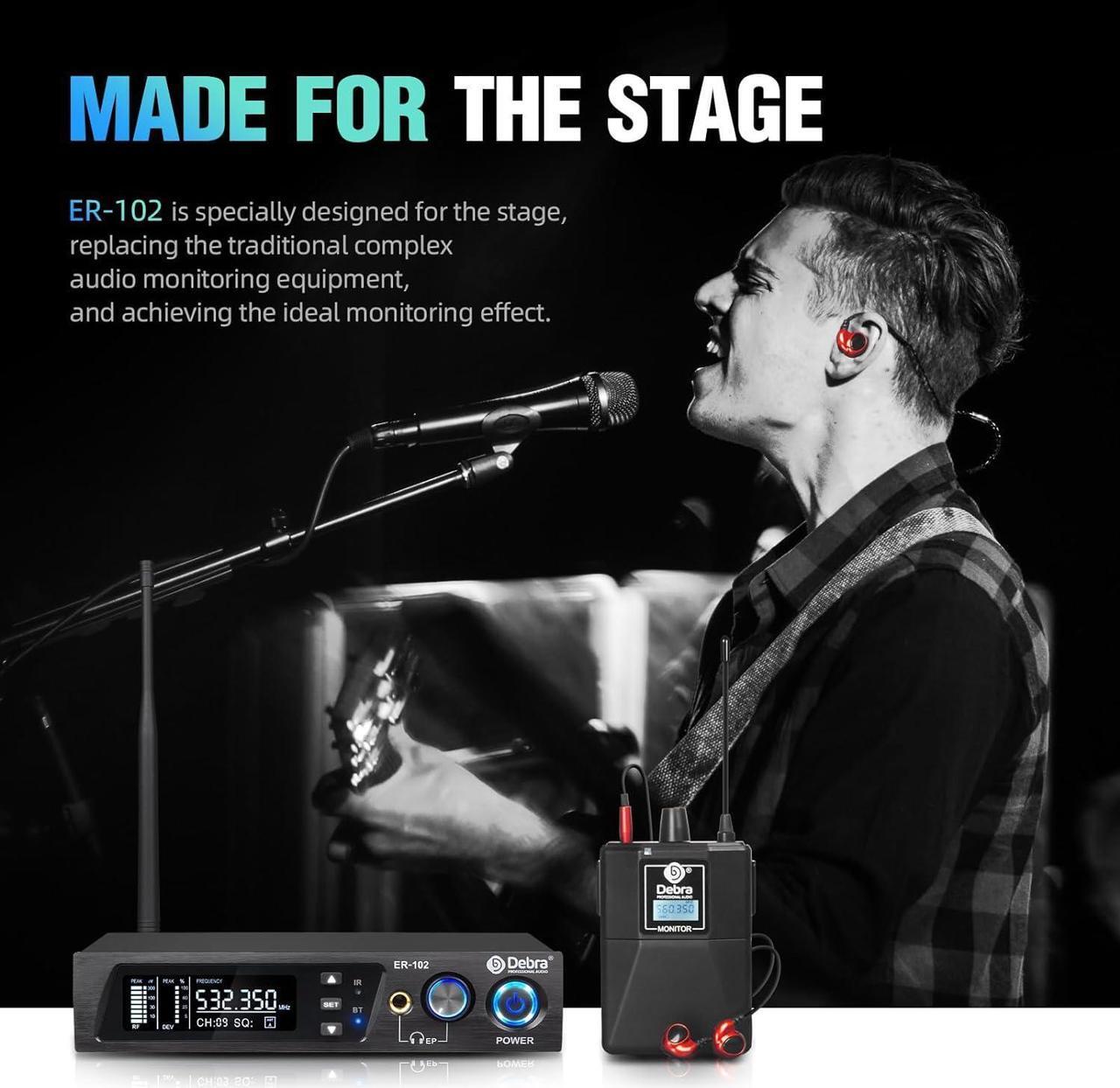 Alt view image 6 of 7 - ER-102 UHF IEM Wireless in Ear Monitor System with Monitoring Type for Stage, Band, Recording Studio,Guitar, Live Performance (Single Channel, 2 Bodypack)