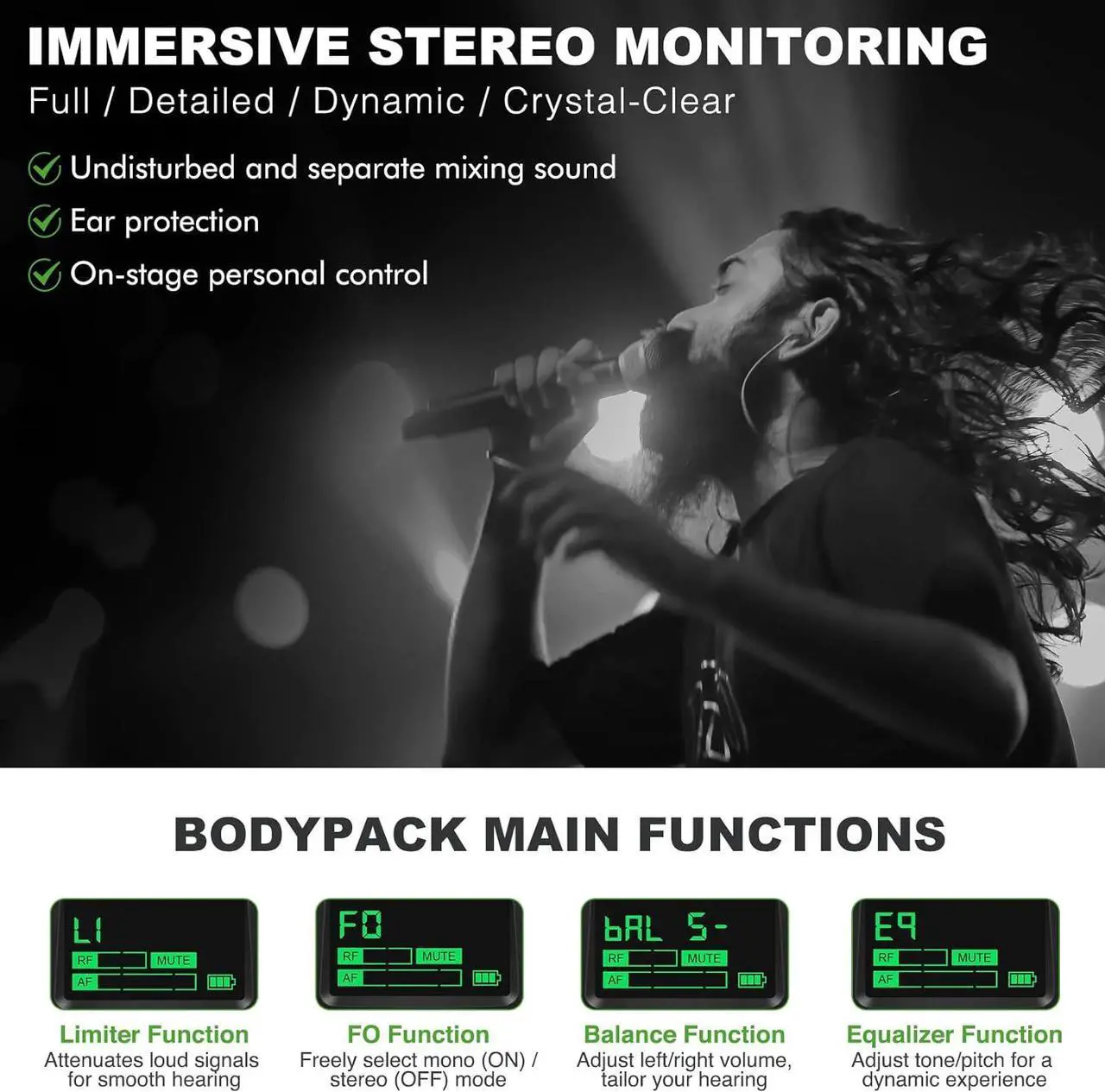Alt view image 4 of 6 - Wireless in-Ear Monitor System, Stereo IEM System with Rack Mount Kit, 89 Frequencies, 900MHz UHF Band, 164ft Range, Suitable for Stage & Studio (4 Bodypacks with Transmitter)