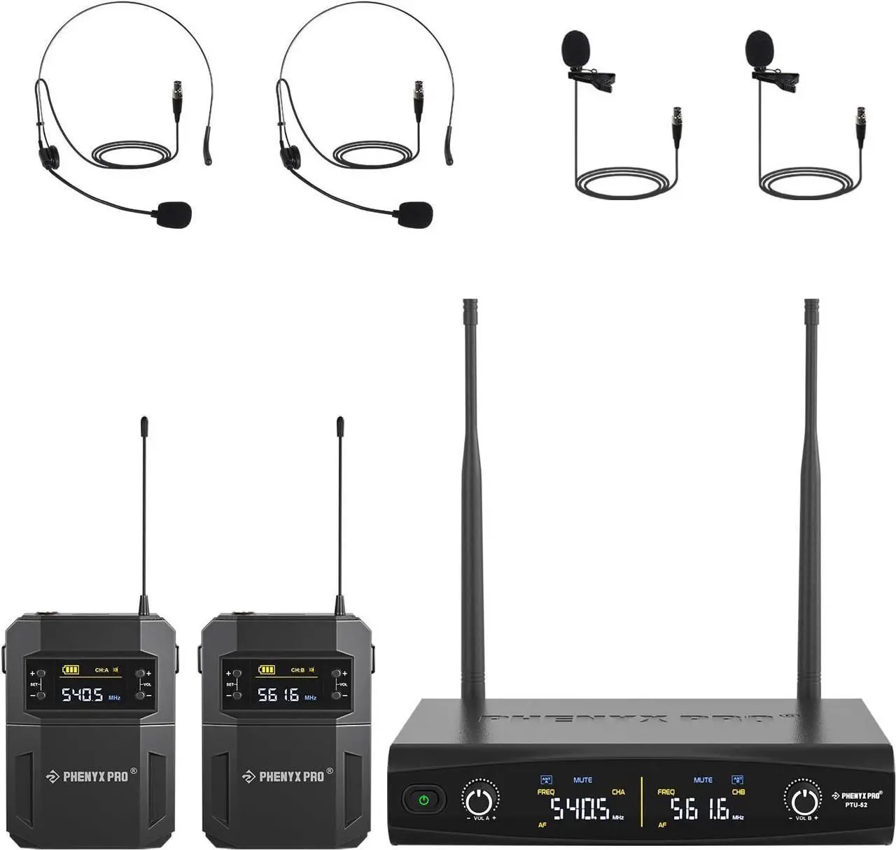 Main image of Wireless Microphone System w/ 2x30 Frequencies, Metal Cordless Mic Set, 2 Bodypacks & Headsets/Lapel Microphones for Speaking, Singing, Church, DJ (PTU-52-2B)