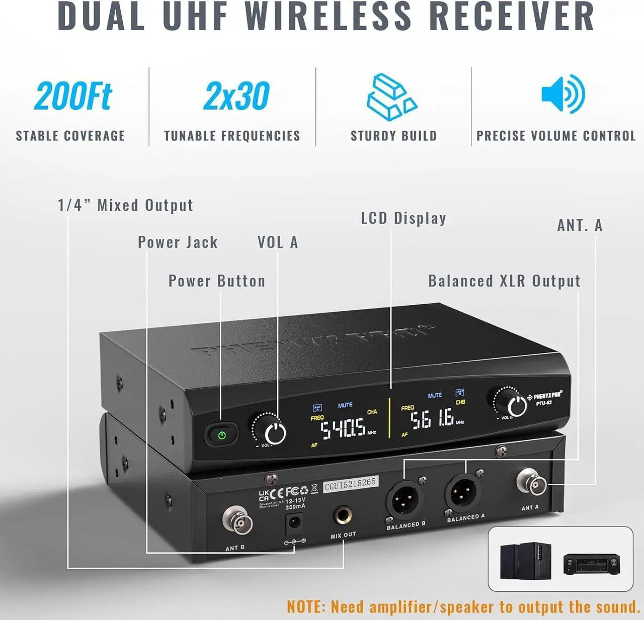 Alt view image 2 of 6 - Wireless Microphone System w/ 2x30 Frequencies, Metal Cordless Mic Set, 2 Bodypacks & Headsets/Lapel Microphones for Speaking, Singing, Church, DJ (PTU-52-2B)