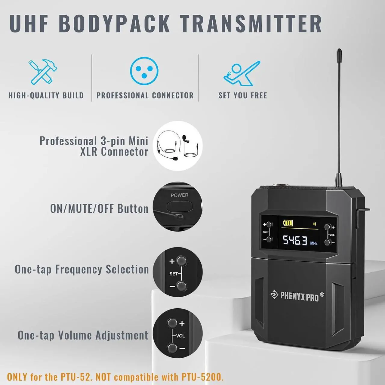 Alt view image 3 of 6 - Wireless Microphone System w/ 2x30 Frequencies, Metal Cordless Mic Set, 2 Bodypacks & Headsets/Lapel Microphones for Speaking, Singing, Church, DJ (PTU-52-2B)