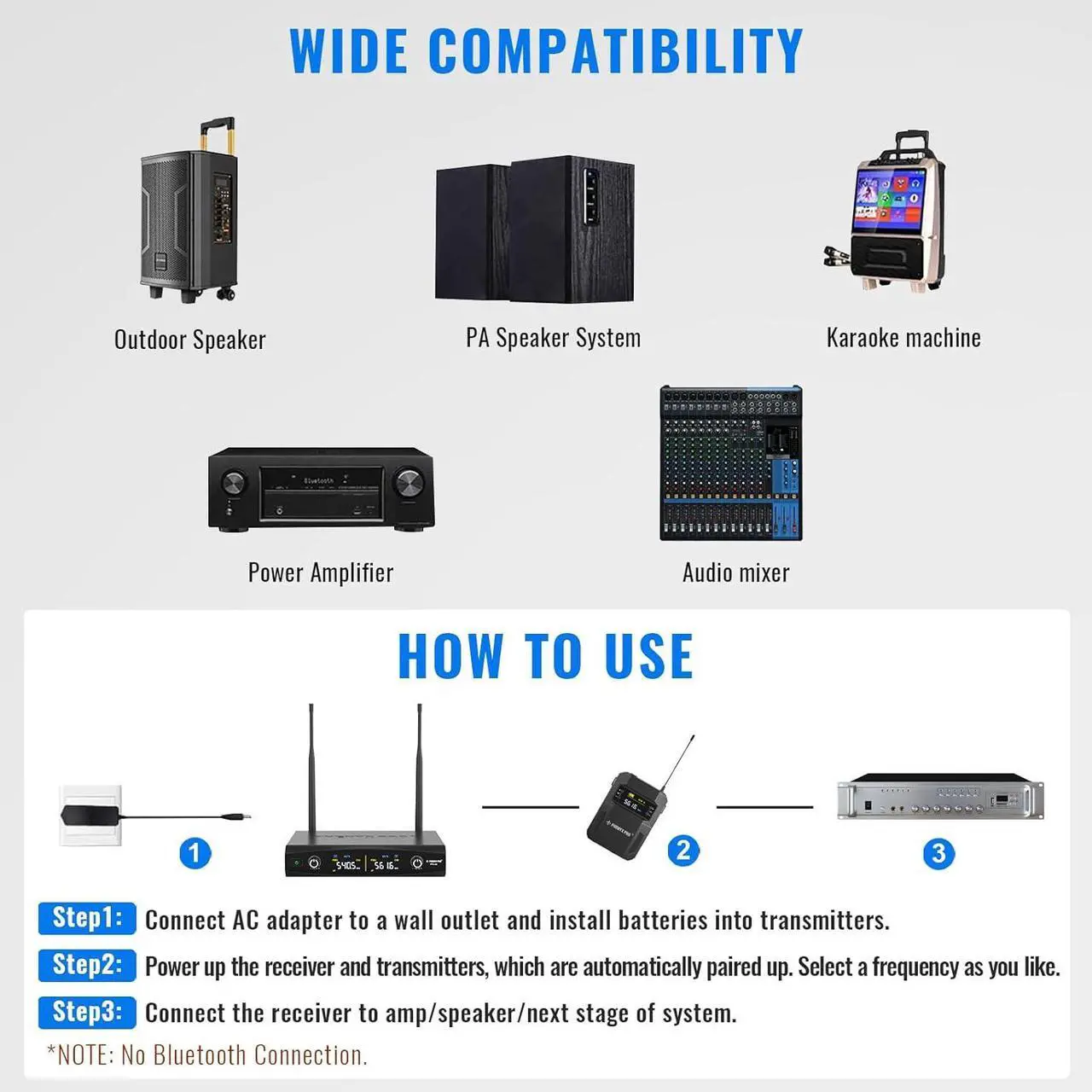 Alt view image 5 of 6 - Wireless Microphone System w/ 2x30 Frequencies, Metal Cordless Mic Set, 2 Bodypacks & Headsets/Lapel Microphones for Speaking, Singing, Church, DJ (PTU-52-2B)