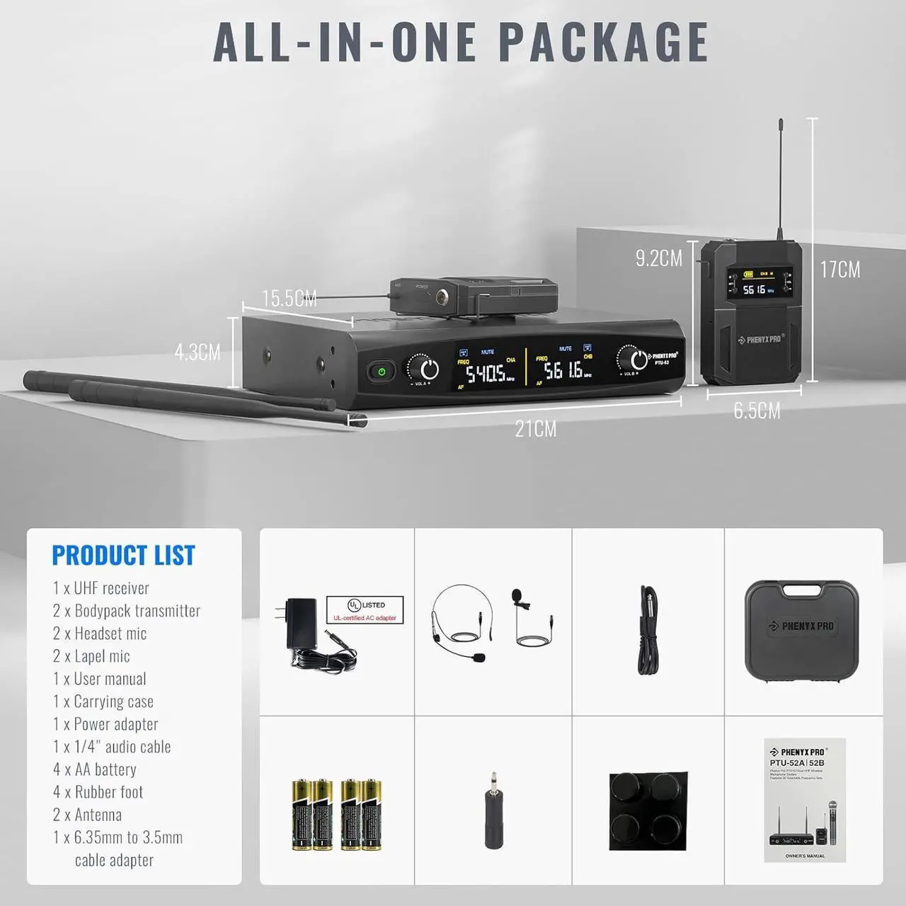 Alt view image 6 of 6 - Wireless Microphone System w/ 2x30 Frequencies, Metal Cordless Mic Set, 2 Bodypacks & Headsets/Lapel Microphones for Speaking, Singing, Church, DJ (PTU-52-2B)