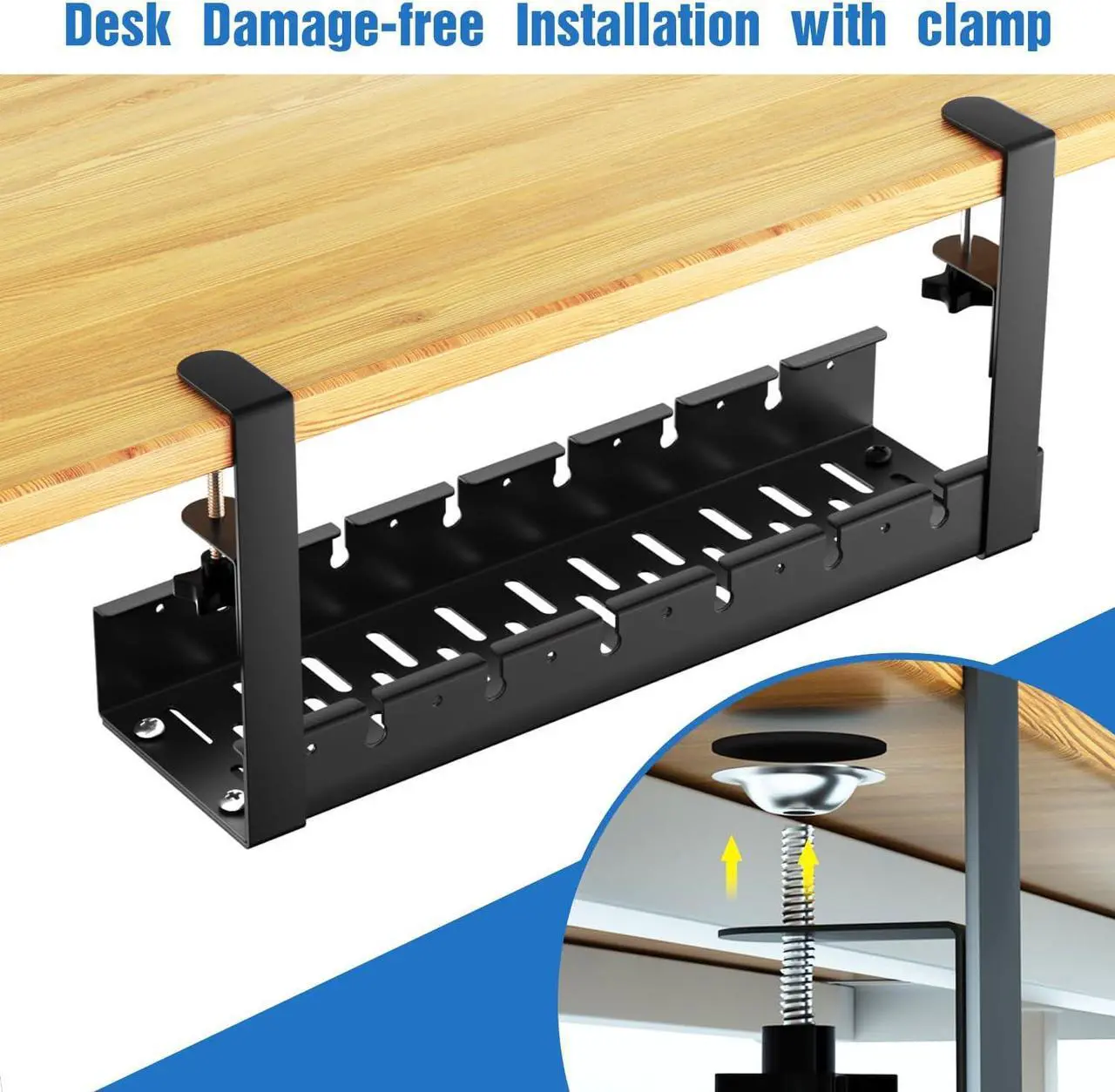 Alt view image 2 of 6 - Extendable Under Desk Cable Management, Metal Cable Management Tray Under Desk with Clamp, Retractable Power Strip Cord Holder for Wire Management 31Inch (2 Pack Extendable 31')