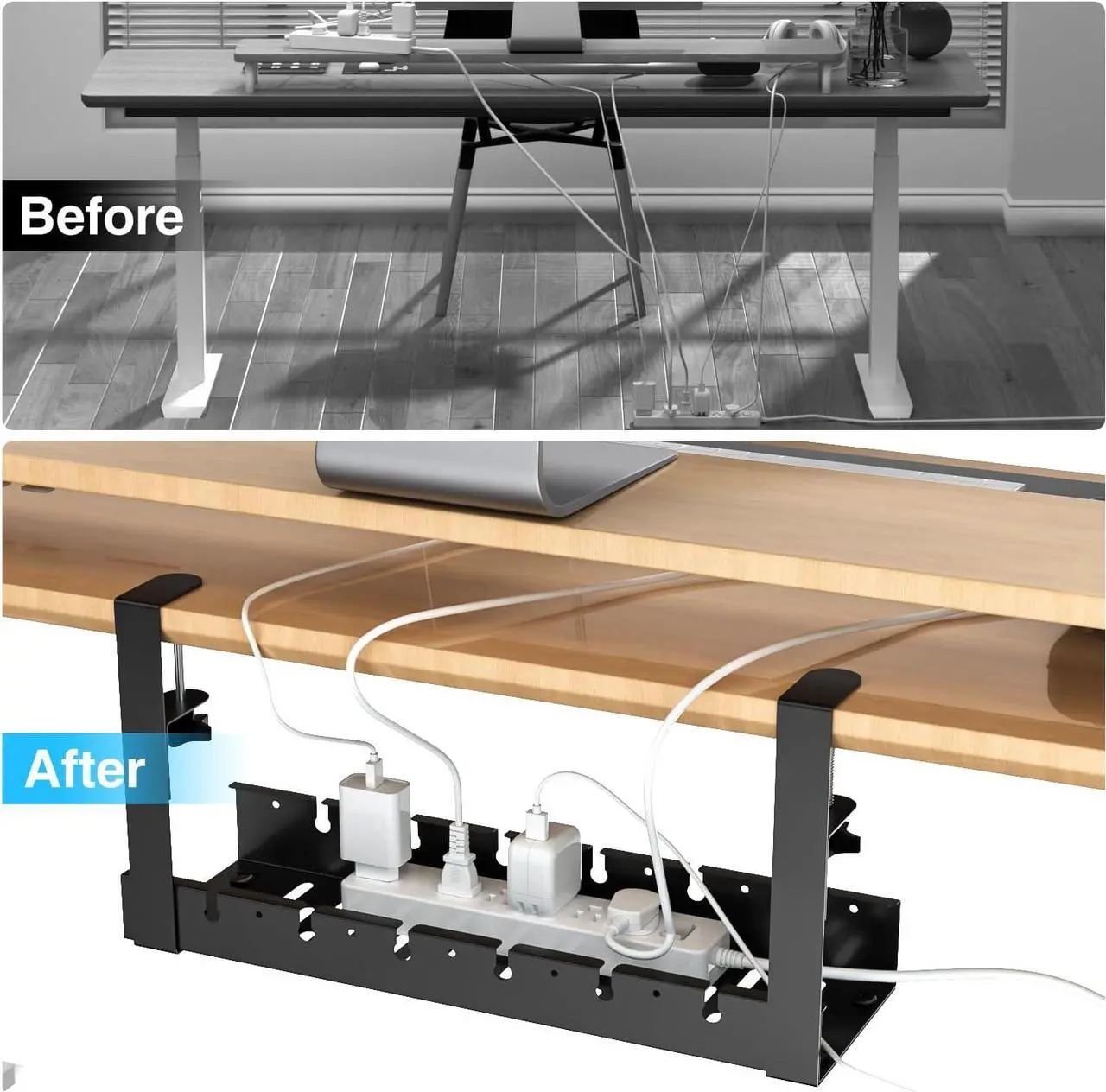 Alt view image 3 of 6 - Extendable Under Desk Cable Management, Metal Cable Management Tray Under Desk with Clamp, Retractable Power Strip Cord Holder for Wire Management 31Inch (2 Pack Extendable 31')
