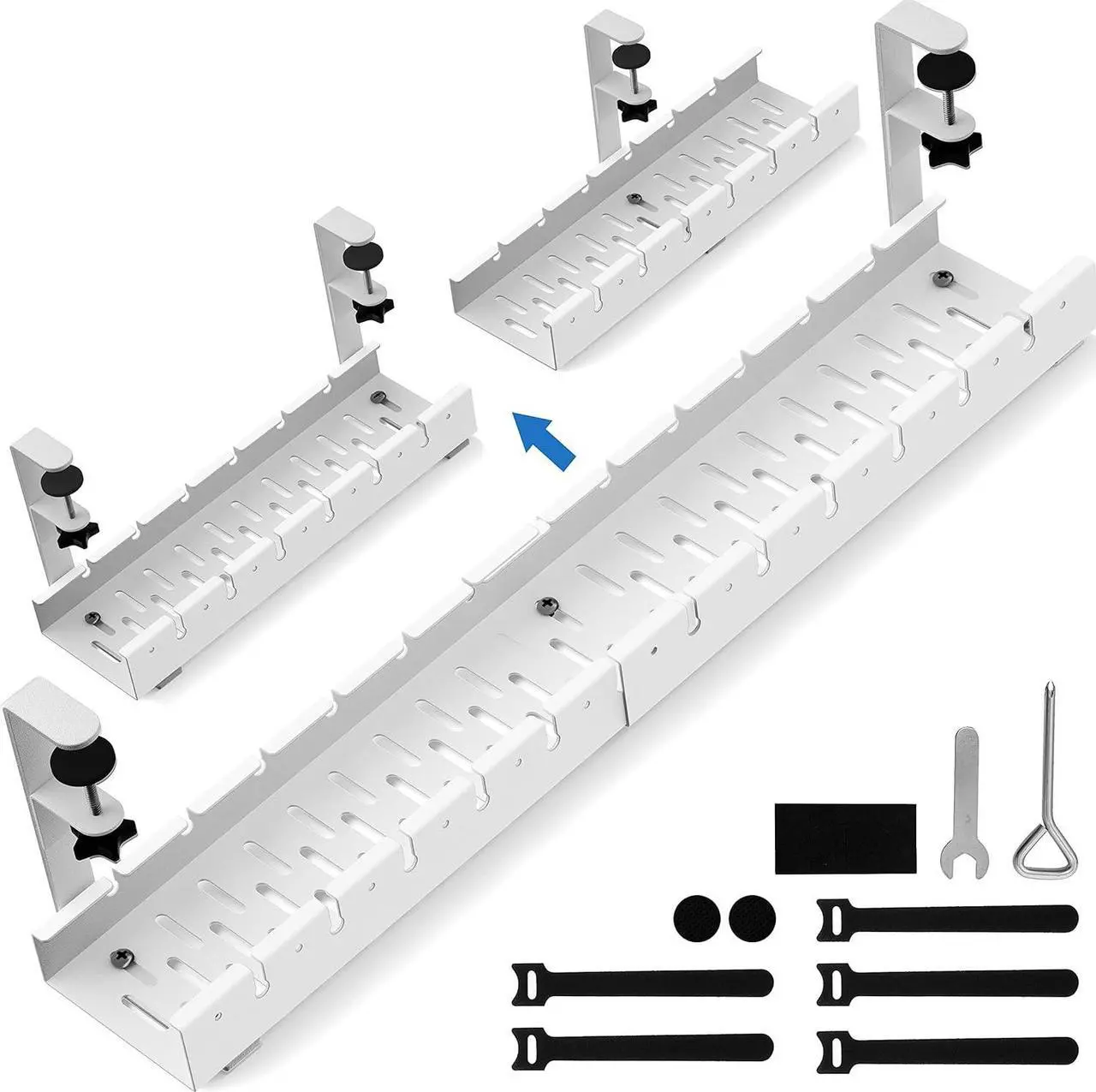 Alt view image 6 of 6 - Extendable Under Desk Cable Management, Metal Cable Management Tray Under Desk with Clamp, Retractable Power Strip Cord Holder for Wire Management 31Inch (2 Pack Extendable 31')