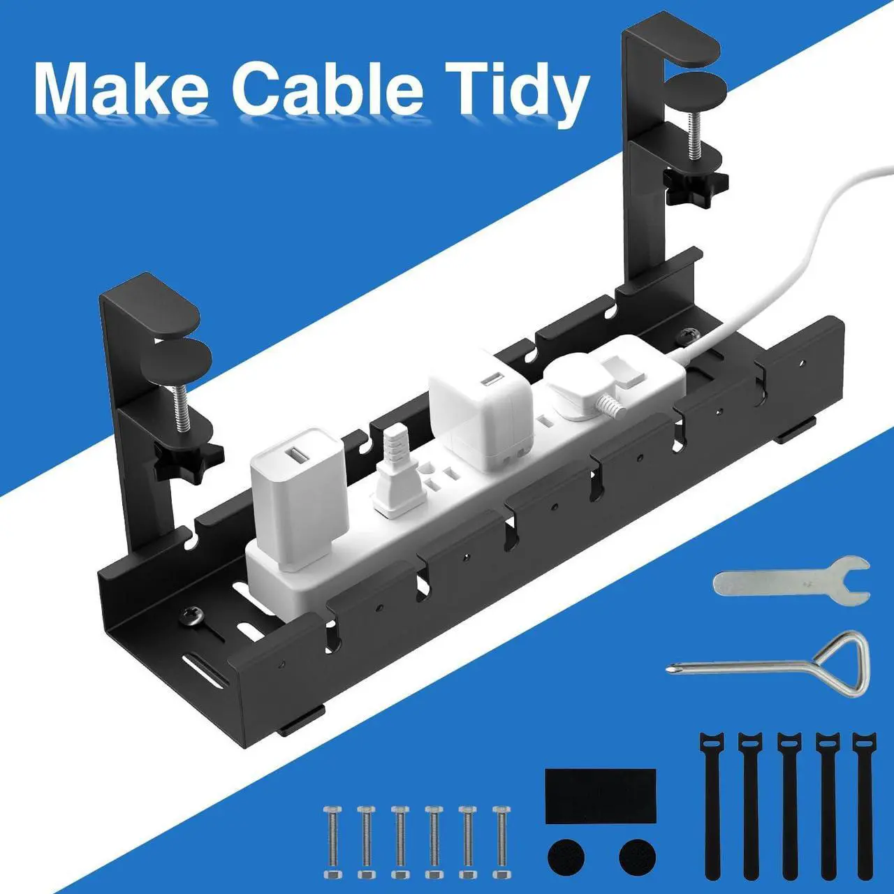 Alt view image 4 of 6 - Extendable Under Desk Cable Management, Metal Cable Management Tray Under Desk with Clamp, Retractable Power Strip Cord Holder for Wire Management 31Inch (2 Pack Extendable 31')