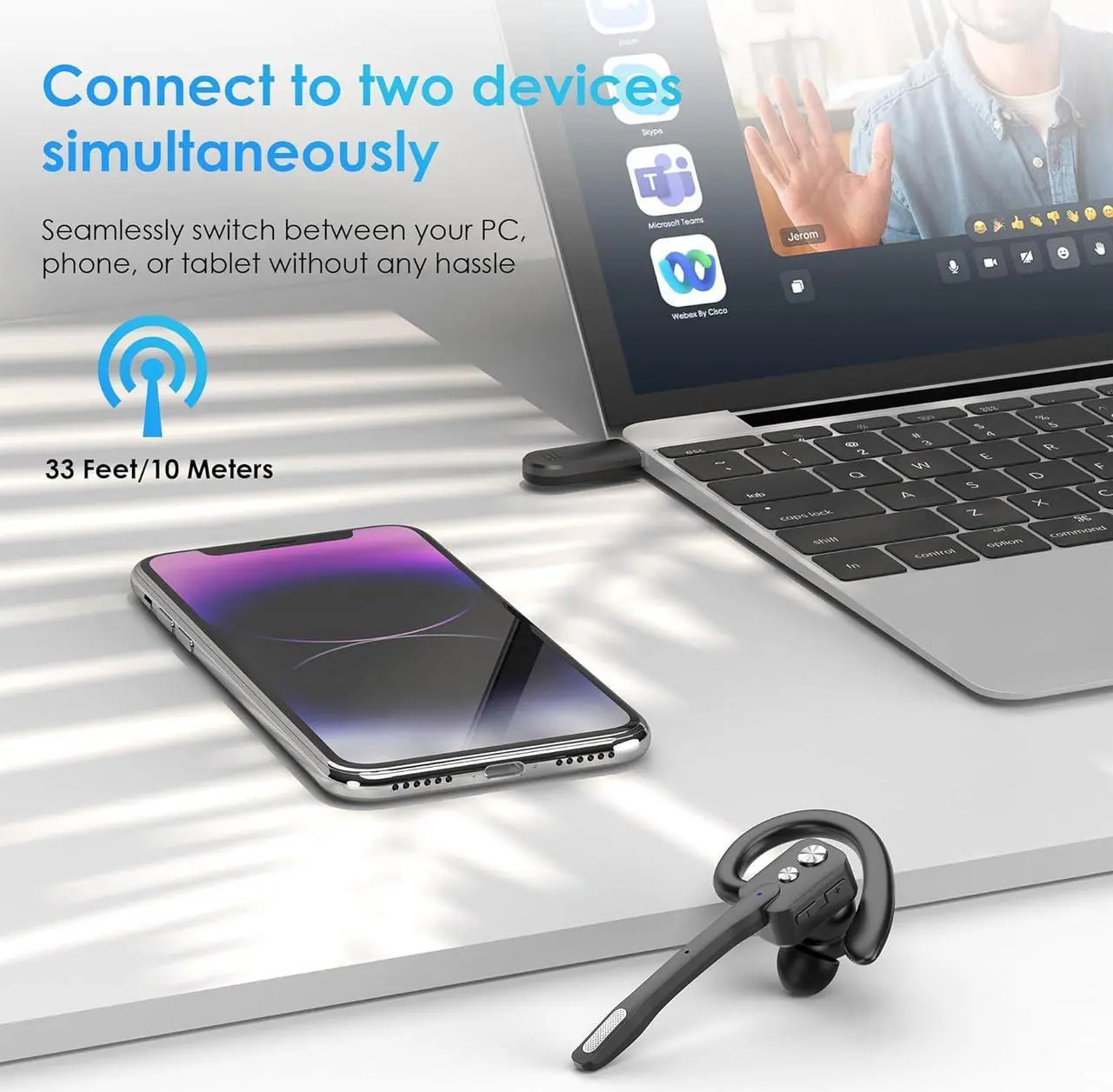 Alt view image 4 of 6 - Bluetooth Headset Wireless Bluetooth Earpiece with Dual-Mic & Noise Canceling Single Ear Headset with Mute for Business Remote Work V5.3 Hand-Free headset for iOS Android Cell Phone (Black)