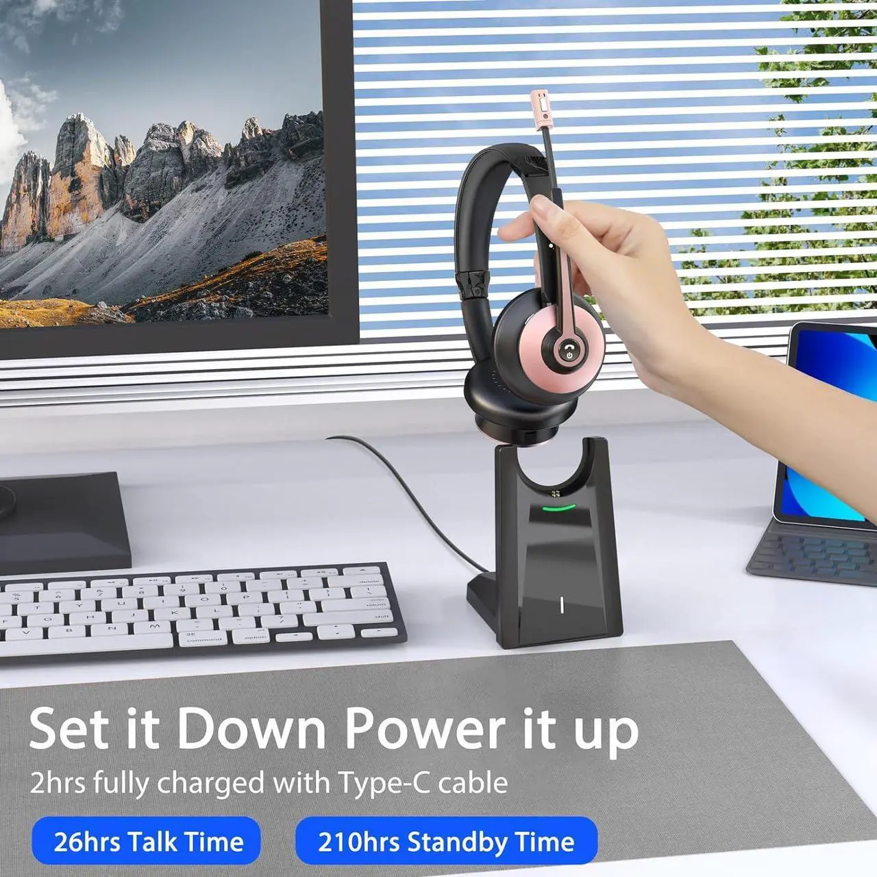 Alt view image 5 of 6 - Wireless Headset, Bluetooth Headset with Microphone Noise Canceling & USB Dongle, Wireless Headphones with Mic Mute & Charging Dock for PC Computer Cell Phone Remote Work Office Zoom Meetings Call