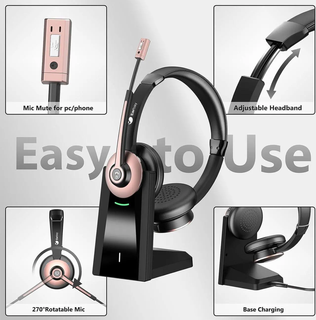 Alt view image 6 of 6 - Wireless Headset, Bluetooth Headset with Microphone Noise Canceling & USB Dongle, Wireless Headphones with Mic Mute & Charging Dock for PC Computer Cell Phone Remote Work Office Zoom Meetings Call