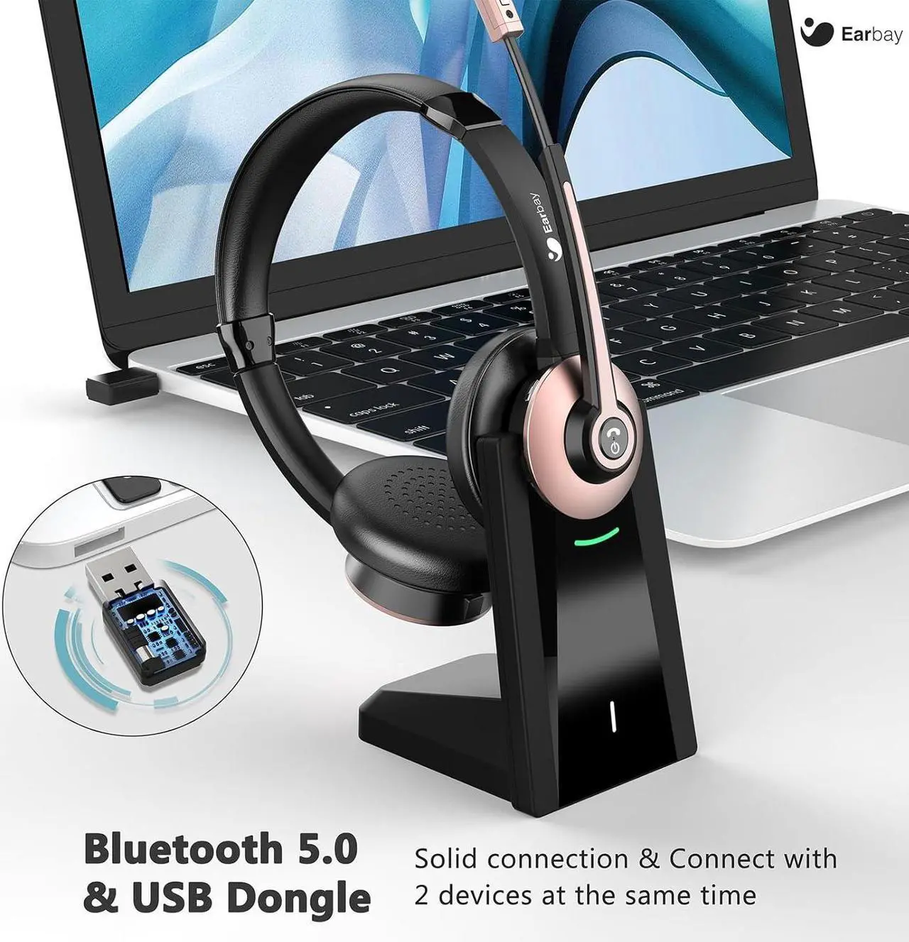 Alt view image 2 of 6 - Wireless Headset, Bluetooth Headset with Microphone Noise Canceling & USB Dongle, Wireless Headphones with Mic Mute & Charging Dock for PC Computer Cell Phone Remote Work Office Zoom Meetings Call