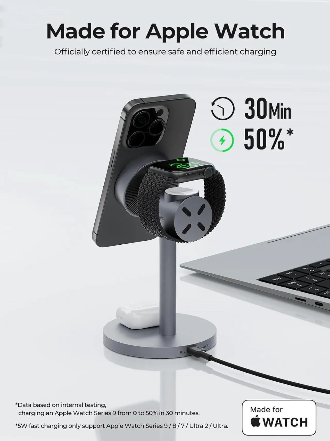 Alt view image 4 of 7 - MagFusion 3-in-1 Charging Station MagSafe Compatible, Qi2 Certified 15W Wireless Charger Stand,  Watch Charger, for iPhone 15/14/13/12, AirPods,  Watch S9 (30W PD Charger Included)