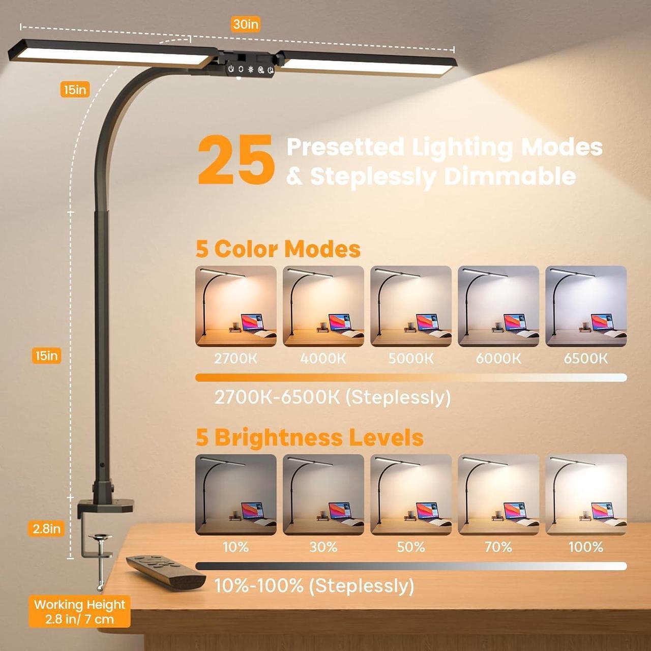 Alt view image 3 of 7 - LED Desk Lamp with Clamp, Rotatable Architect Lamp for Home Office, Bright Computer Desk Light with Dimmable Color Brightness, Adjustable Desktop Lamp with Gooseneck, Double Head, Black