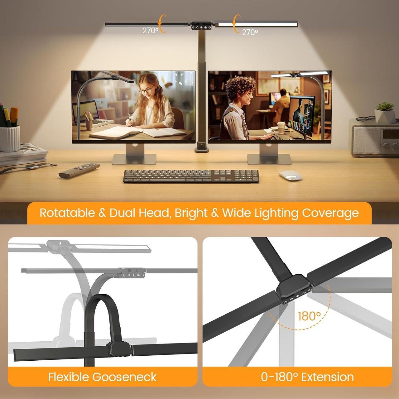 Alt view image 2 of 7 - LED Desk Lamp with Clamp, Rotatable Architect Lamp for Home Office, Bright Computer Desk Light with Dimmable Color Brightness, Adjustable Desktop Lamp with Gooseneck, Double Head, Black