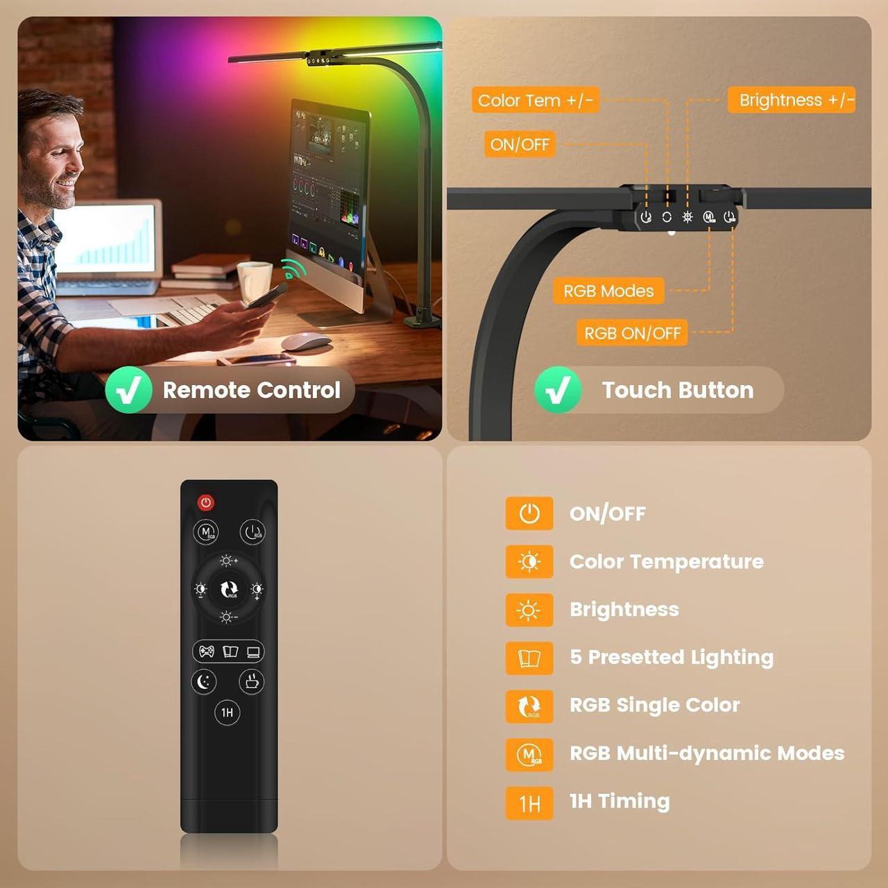 Alt view image 5 of 7 - LED Desk Lamp with Clamp, Rotatable Architect Lamp for Home Office, Bright Computer Desk Light with Dimmable Color Brightness, Adjustable Desktop Lamp with Gooseneck, Double Head, Black