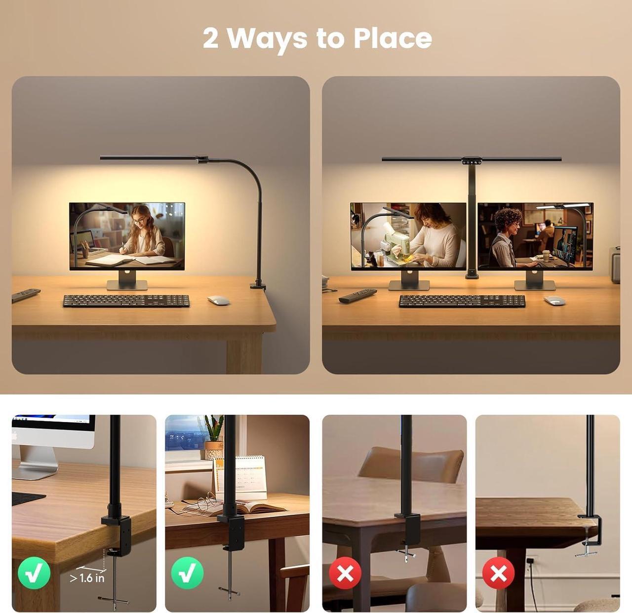 Alt view image 6 of 7 - LED Desk Lamp with Clamp, Rotatable Architect Lamp for Home Office, Bright Computer Desk Light with Dimmable Color Brightness, Adjustable Desktop Lamp with Gooseneck, Double Head, Black