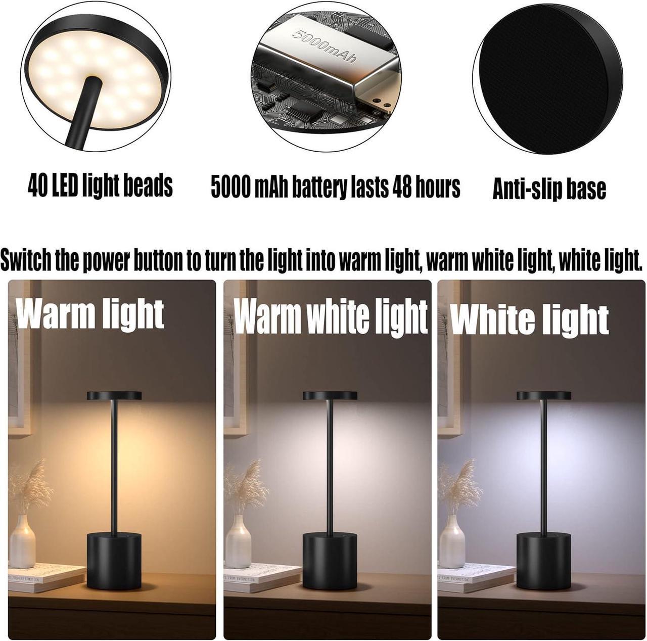 Alt view image 3 of 7 - 2Pack Cordless Table Lamp, Rechargeable LED Battery 5000mAh Metal USB Portable Powered Desk Lamp, 3 Levels Brightness Light for Restaurants Outdoor (2pack 10.25in ferrugino)