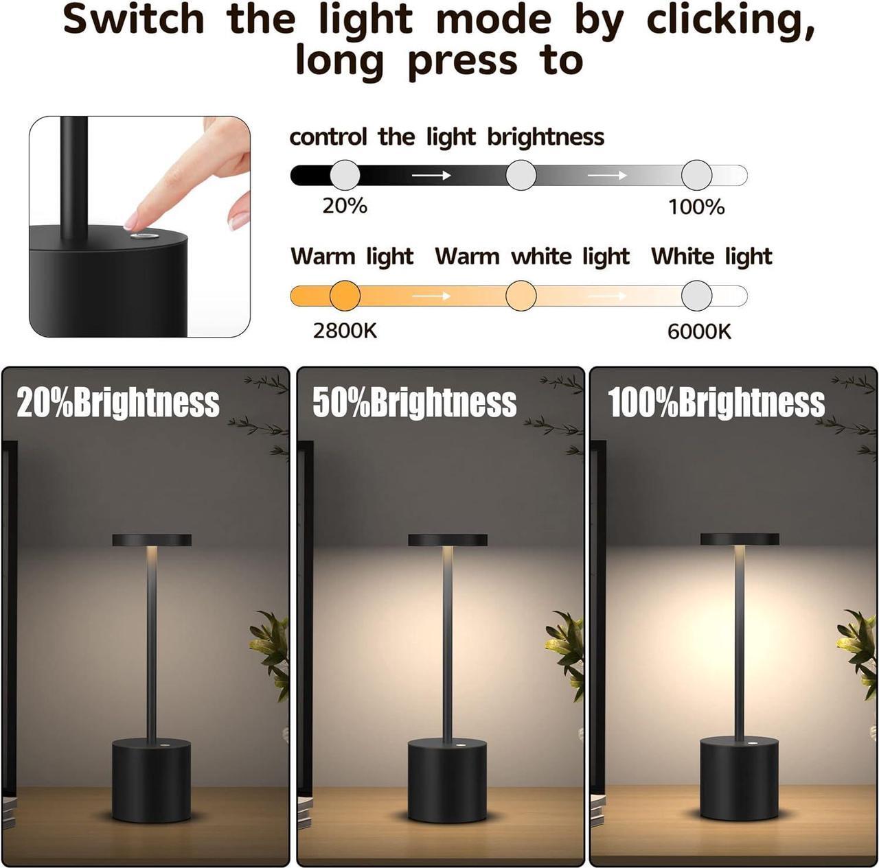 Alt view image 2 of 7 - 2Pack Cordless Table Lamp, Rechargeable LED Battery 5000mAh Metal USB Portable Powered Desk Lamp, 3 Levels Brightness Light for Restaurants Outdoor (2pack 10.25in ferrugino)
