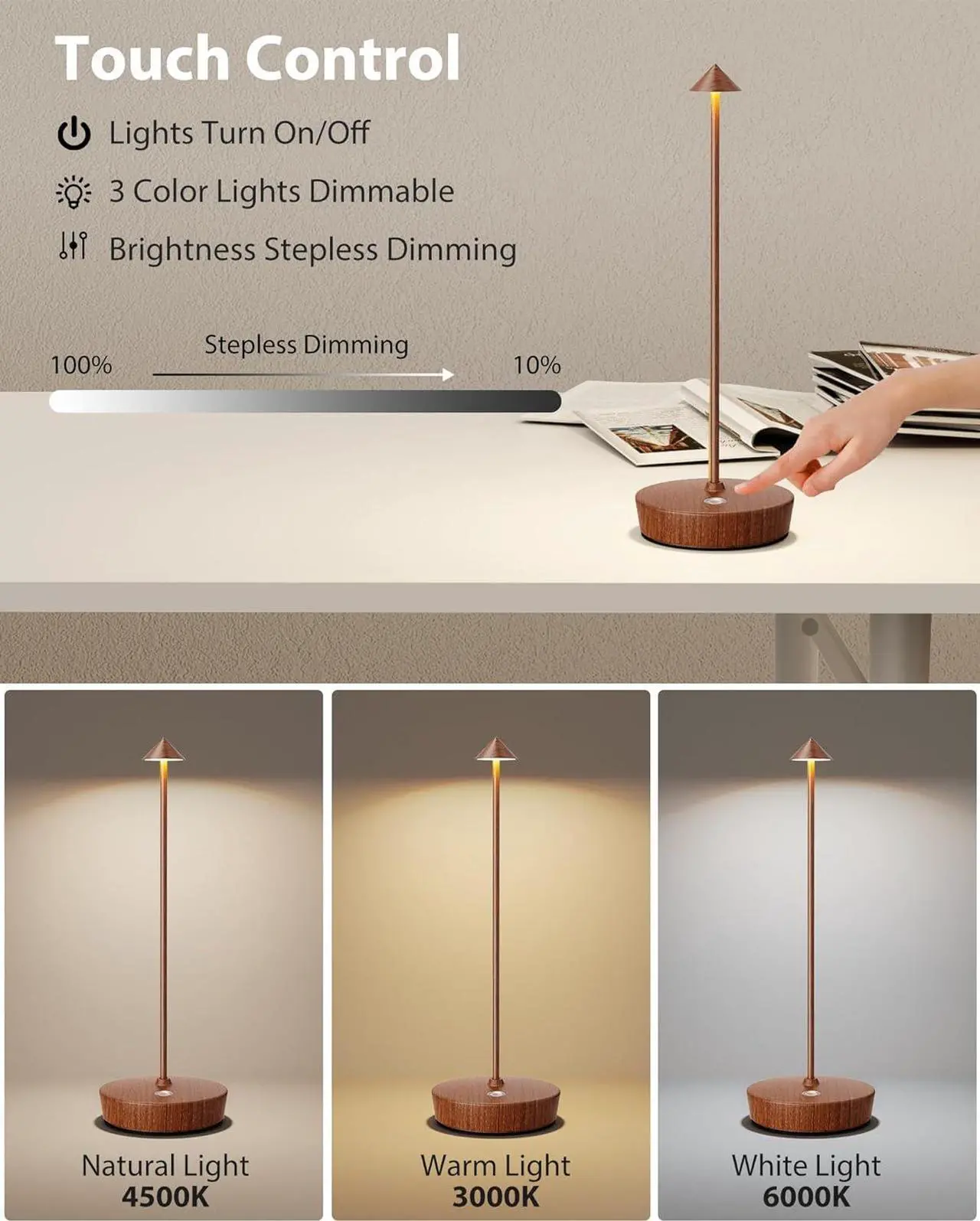 Alt view image 3 of 7 - Cordless Table Lamps Rechargeable, 6000mAh Battery Operated LED Desk Lamp Outdoor Waterproof Portable Touch Dimmable Table Night Light for Patio Restaurant Dining Home Set of 2 Bronze
