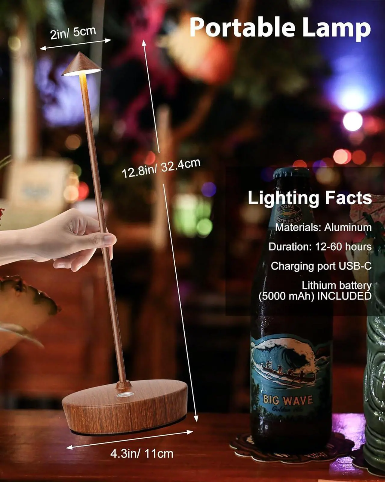 Alt view image 4 of 7 - Cordless Table Lamps Rechargeable, 6000mAh Battery Operated LED Desk Lamp Outdoor Waterproof Portable Touch Dimmable Table Night Light for Patio Restaurant Dining Home Set of 2 Bronze