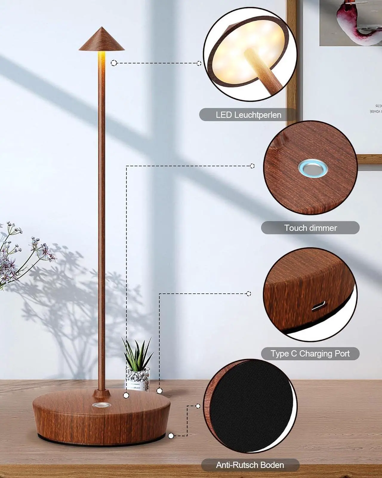Alt view image 7 of 7 - Cordless Table Lamps Rechargeable, 6000mAh Battery Operated LED Desk Lamp Outdoor Waterproof Portable Touch Dimmable Table Night Light for Patio Restaurant Dining Home Set of 2 Bronze