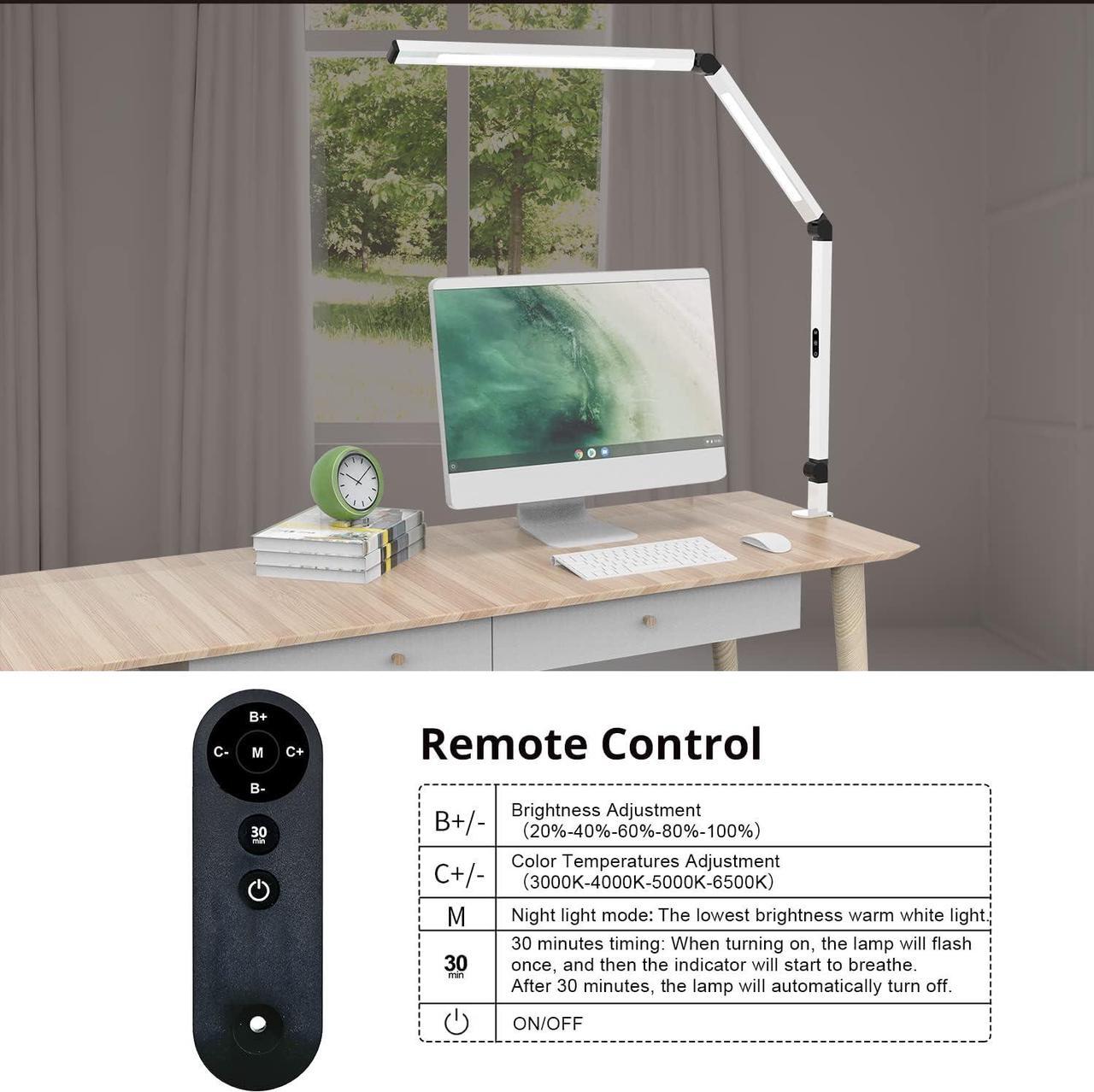 Alt view image 4 of 6 - LED Desk Lamp for Home Office, Architect Clamp Desk Lamp with Remote Control, Adjustable Swing Arm Clamp on Desk Light Clip-on Dual Light 5 Brightness Levels & 4 CCT Modes Table Light