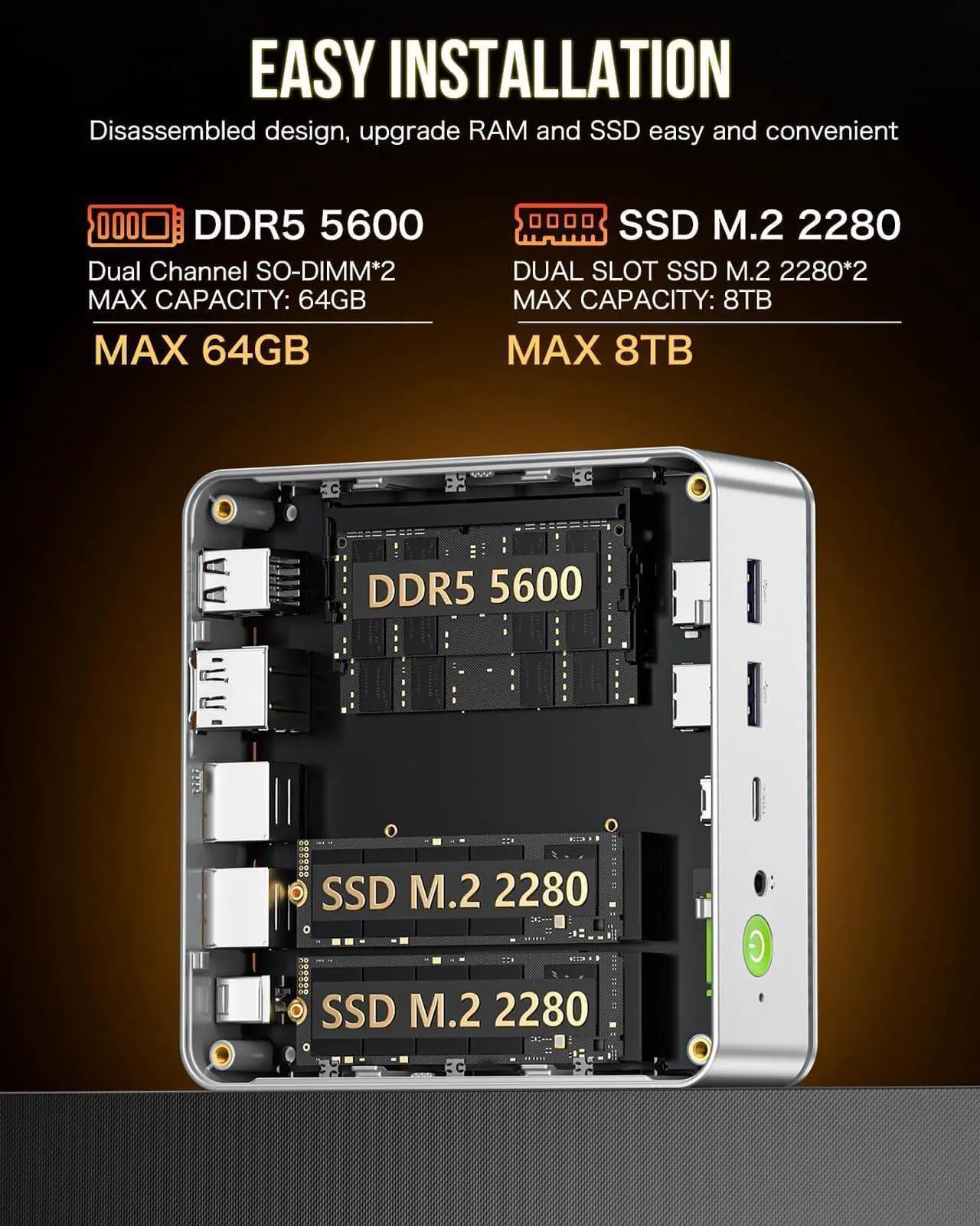 Alt view image 4 of 7 - Mini PC Preinstalled Windows 11 Pro Dual NIC 2.5G, M5 Pro Gaming Desktop Computer,  Ryzen 7 5700U (8C/16T 4.30GHz), 32G DDR4 RAM + 1TB NVME Dual SSD, WiFi 6E, USB3.2, USB-C, BT 5.2, DP, HDMI